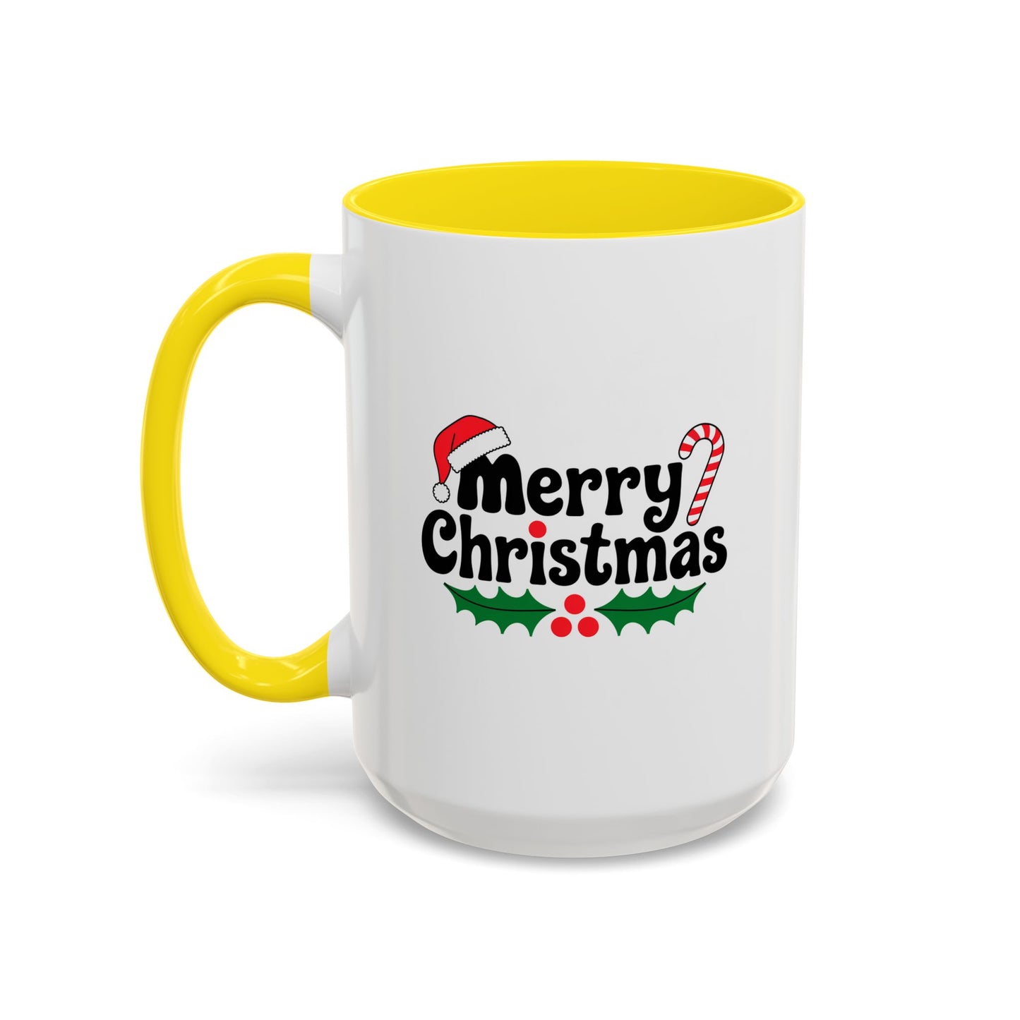 Christmas Mug - Merry Christmas Black Text Hat Cane Misletoe
