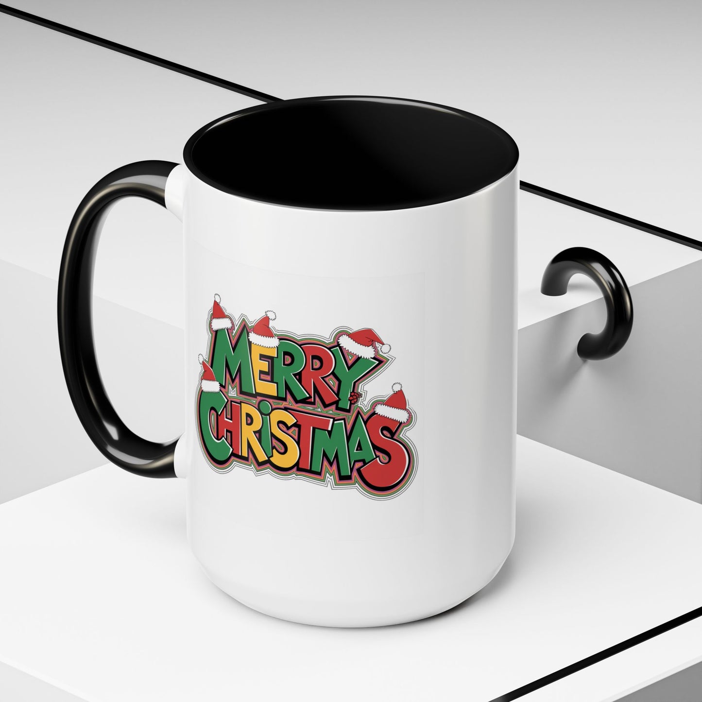 Christmas Mug - Merry Christmas Green Yellow & Red Text Hats