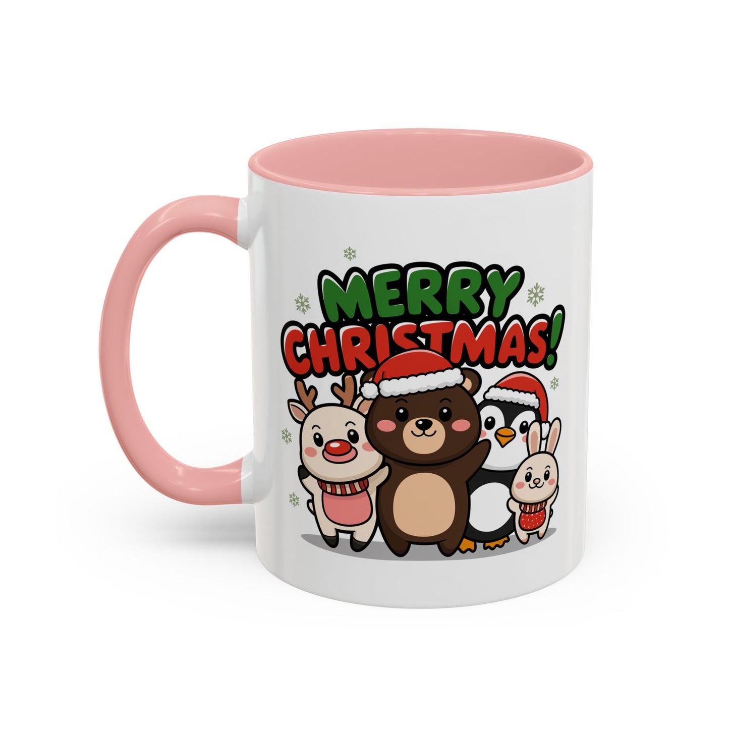 Christmas Mug - Merry Christmas Green & Red Text Cute Animals