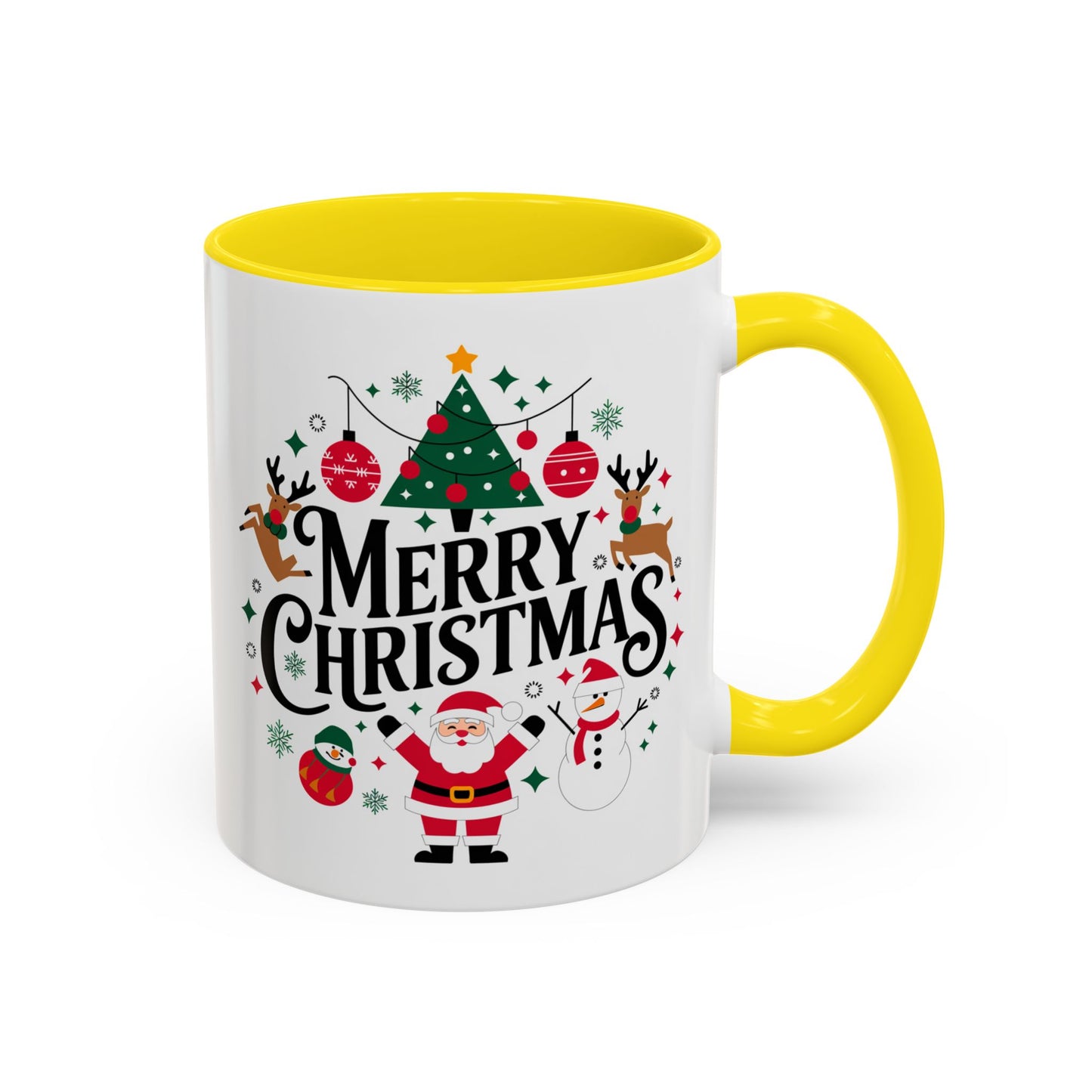 Christmas Mug - Merry Christmas Black Text Santa Reindeer Snowmen Ornaments