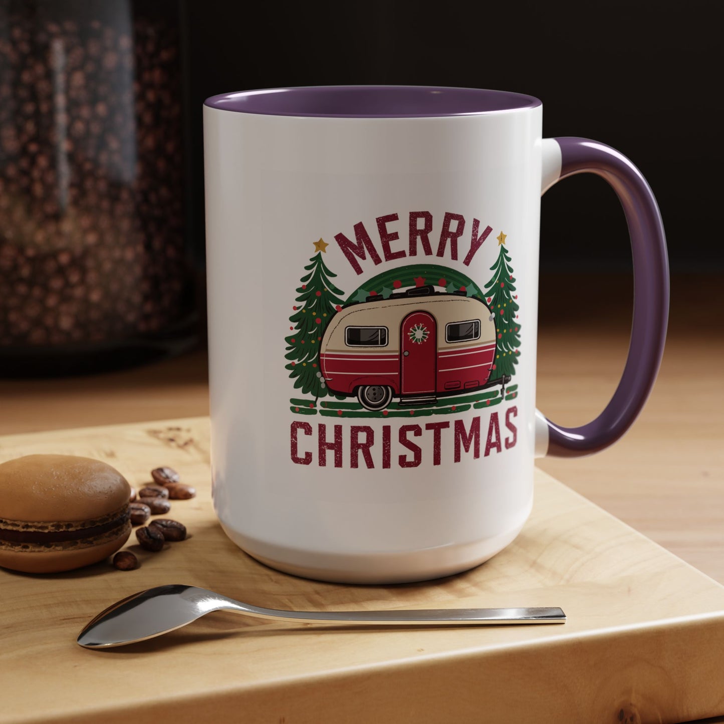 Christmas Mug - Merry Christmas Maroon Text Camper Trees