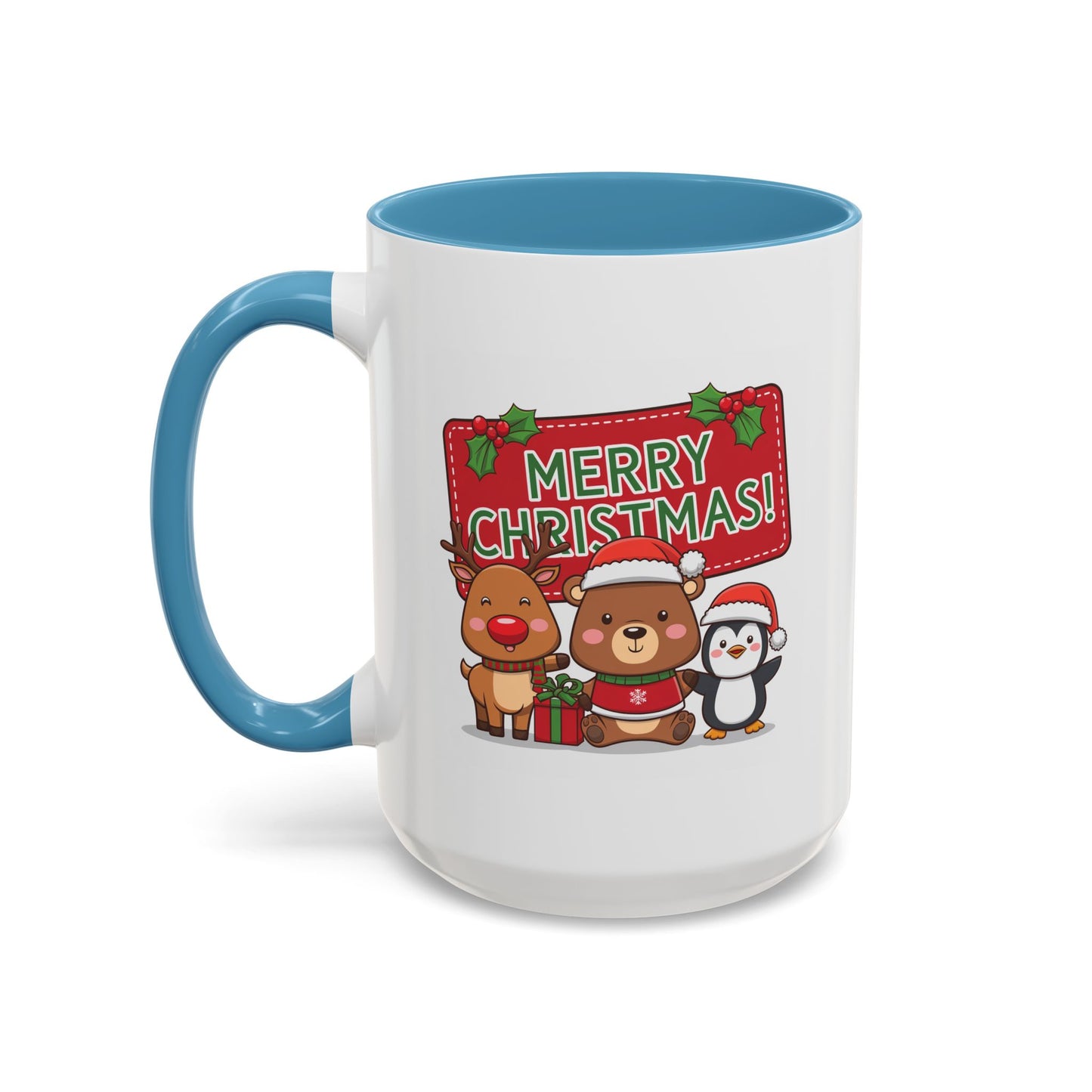 Christmas Mug - Green Text Red Banner Reindeer Bear Penguin