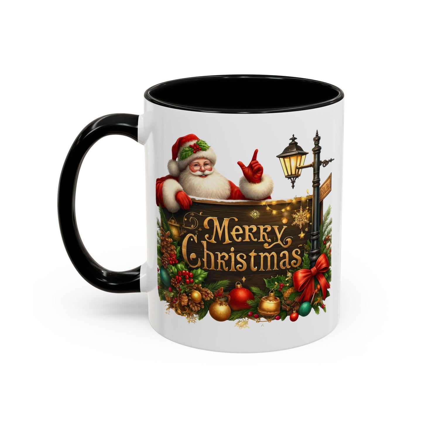Christmas Mug - Merry Christmas Gold Text Santa Point Ornaments