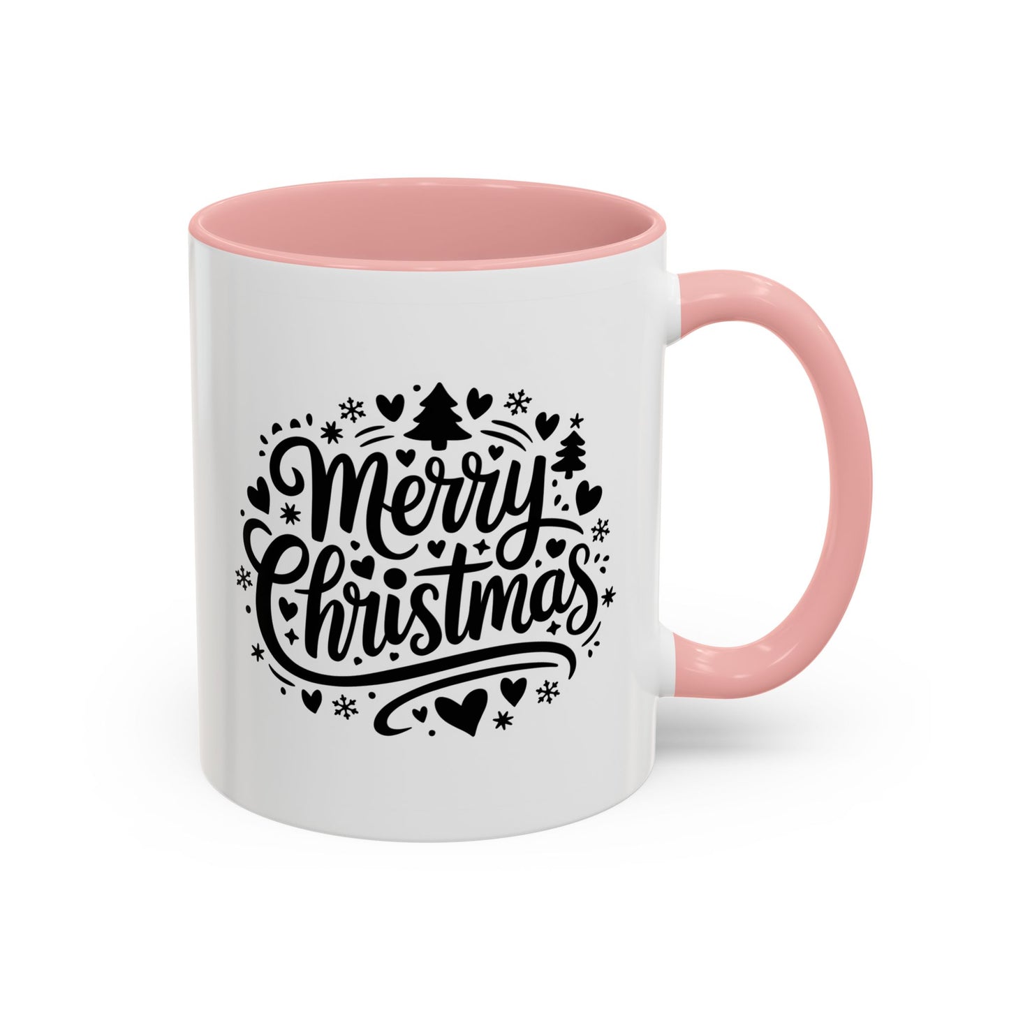 Christmas Mug - Merry Christmas Black Text Trees Snowflakes Hearts
