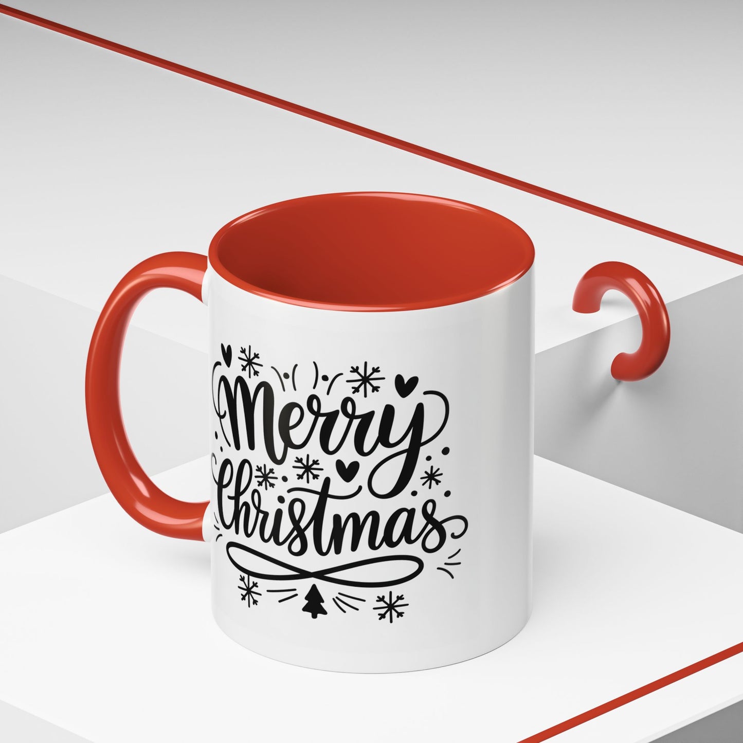 Christmas Mug - Merry Christmas Black Text Tree Snowflakes Hearts