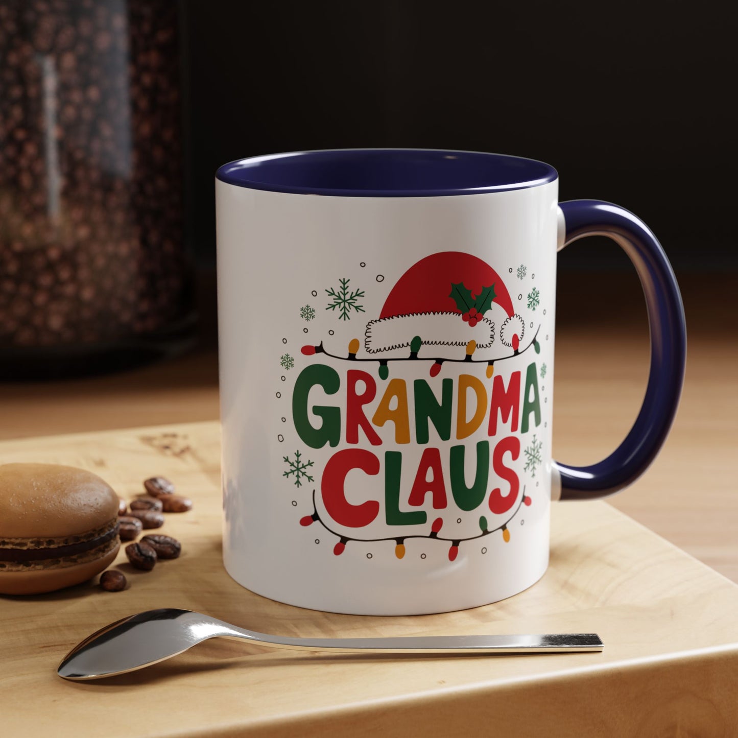 Christmas Mug - Grandma Claus Green Yellow & Red Text Hat Lights Stars