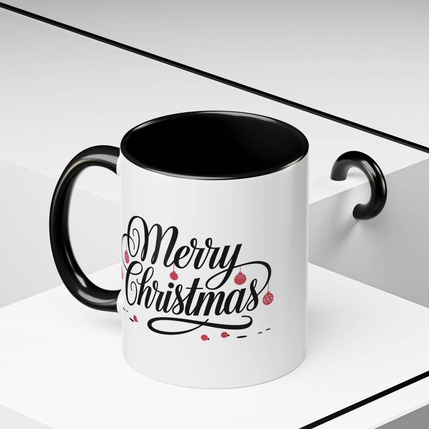 Christmas Mug - Merry Christmas Black Text Red Ornaments