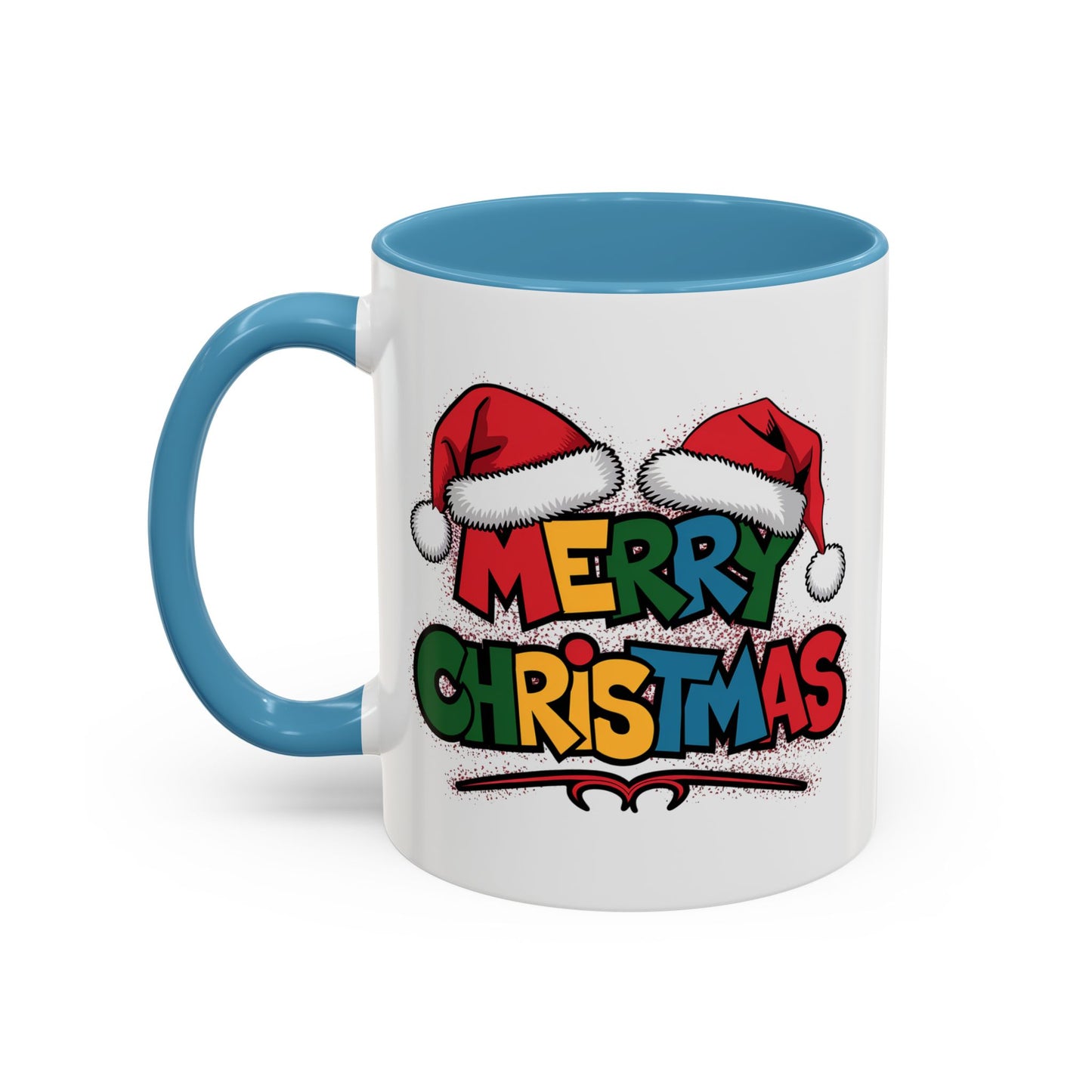 Christmas Mug - Merry Christmas Red Yellow & Blue Text Red Hats