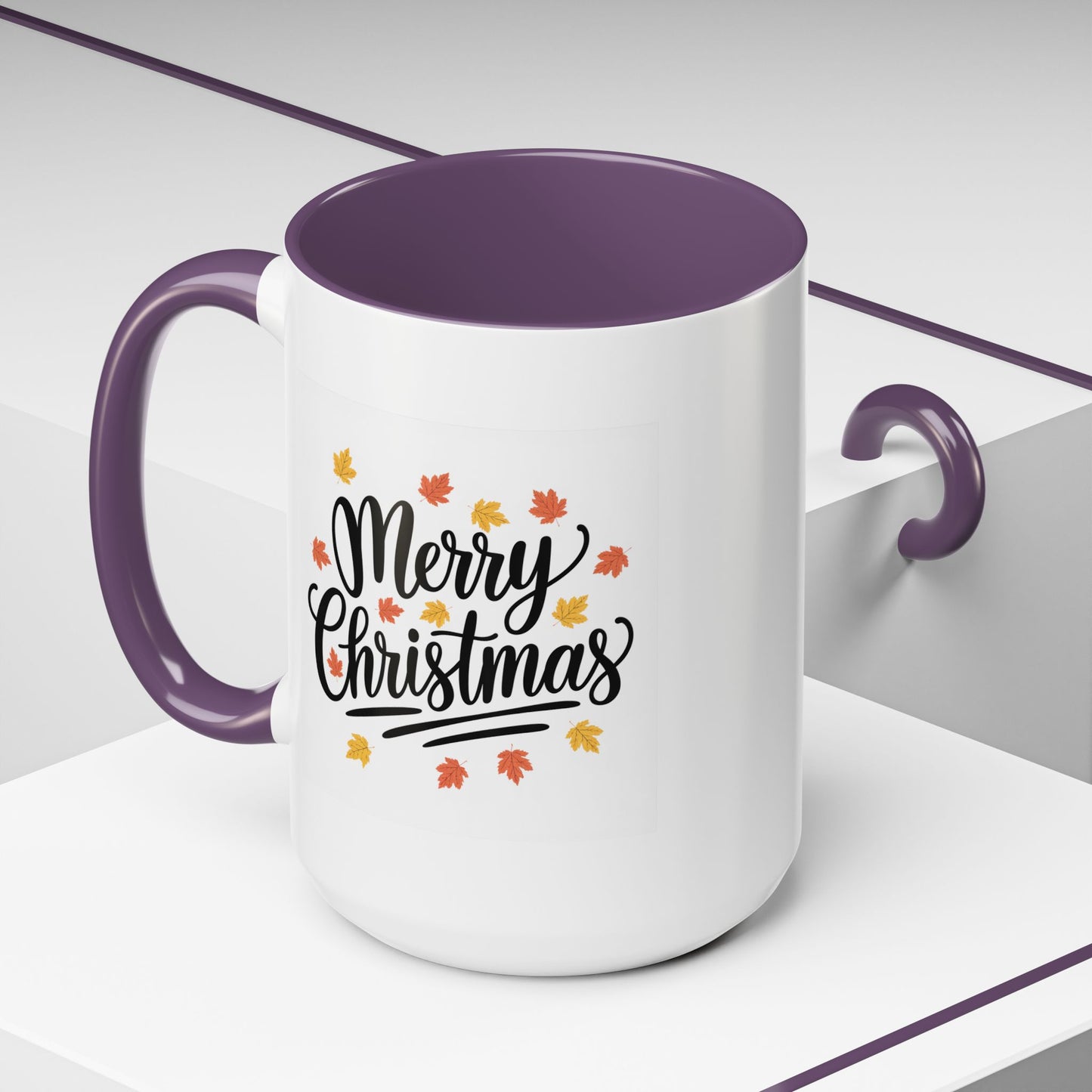 Christmas Mug - Merry Christmas Black Text Fall Leaves