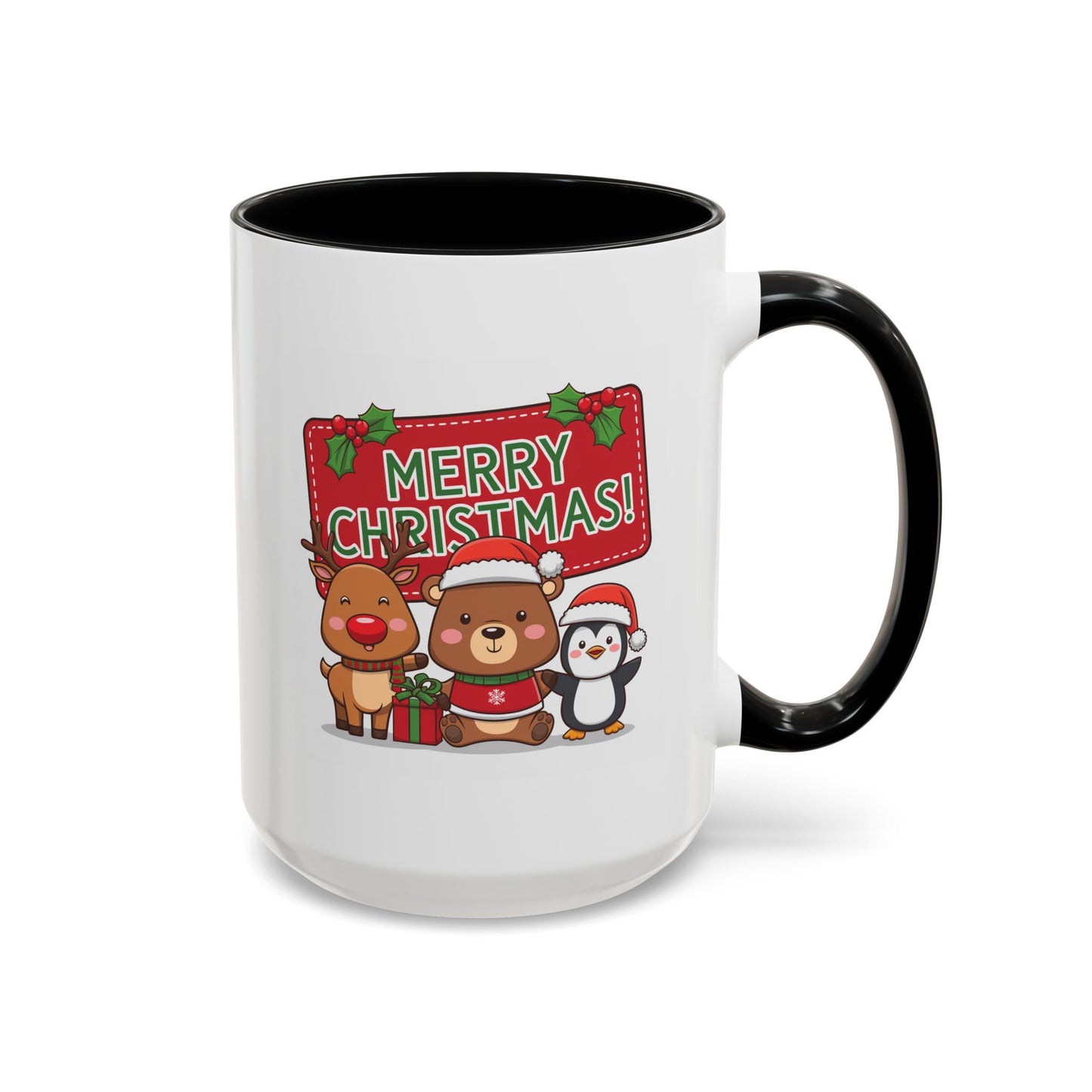 Christmas Mug - Green Text Red Banner Reindeer Bear Penguin