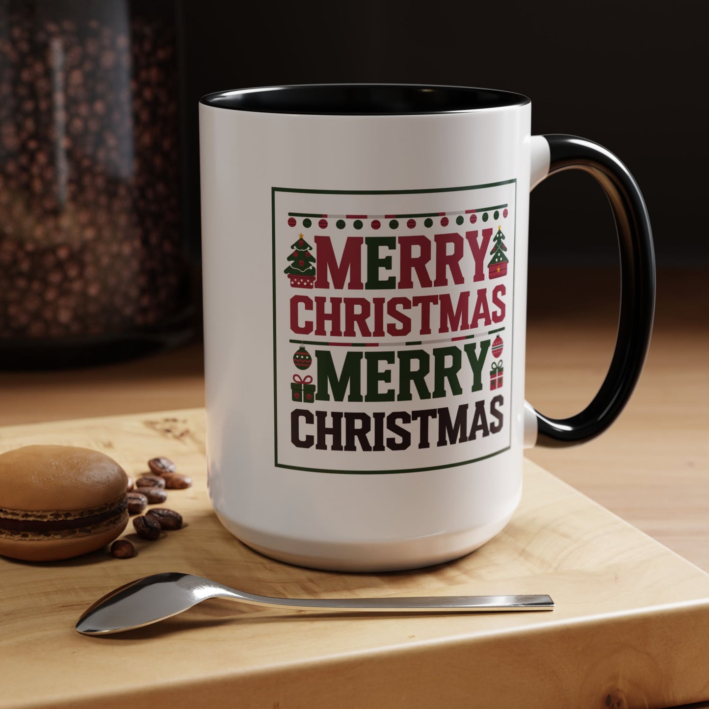 Christmas Mug - Merry Christmas Red Green & Black Text Trees Presents