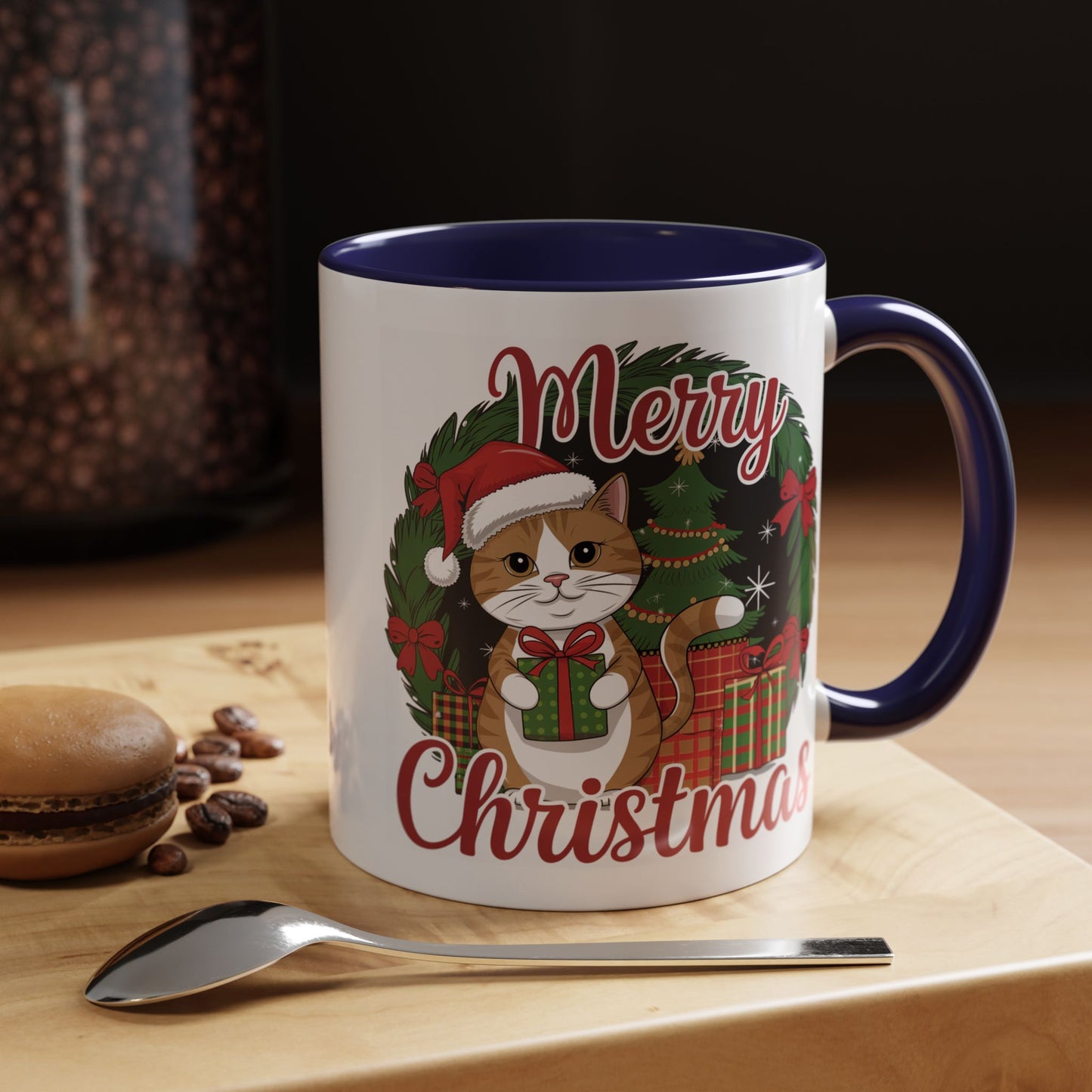 Christmas Mug - Merry Christmas Red Text Cat Presents Wreath