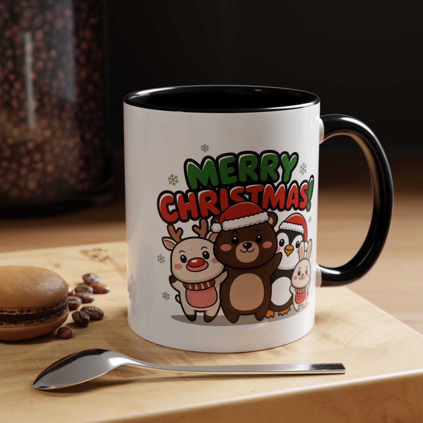 Christmas Mug - Merry Christmas Green & Red Text Cute Animals