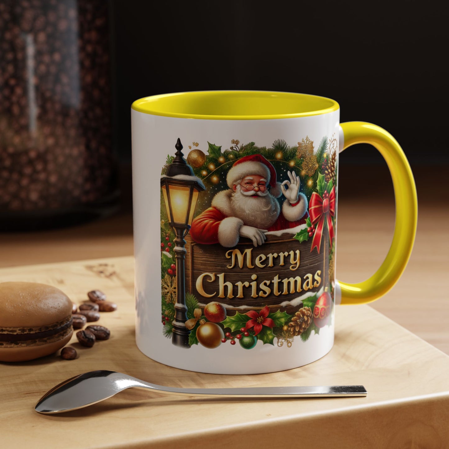 Christmas Mug - Merry Christmas Cream Text Santa Ok Light Bow Ornaments
