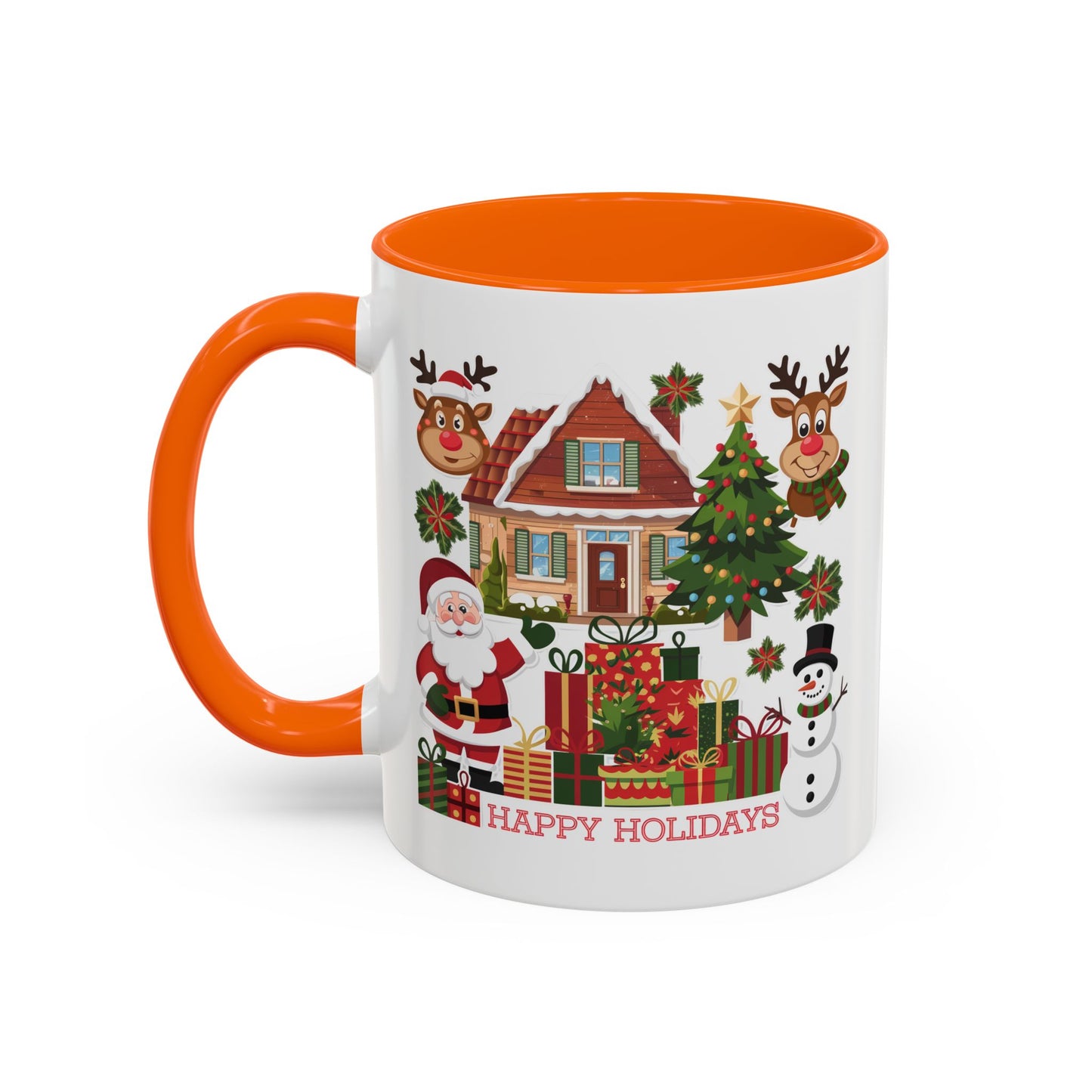 Christmas Mug - Happy Holidays Red Text Reindeer Santa Snowman Presents