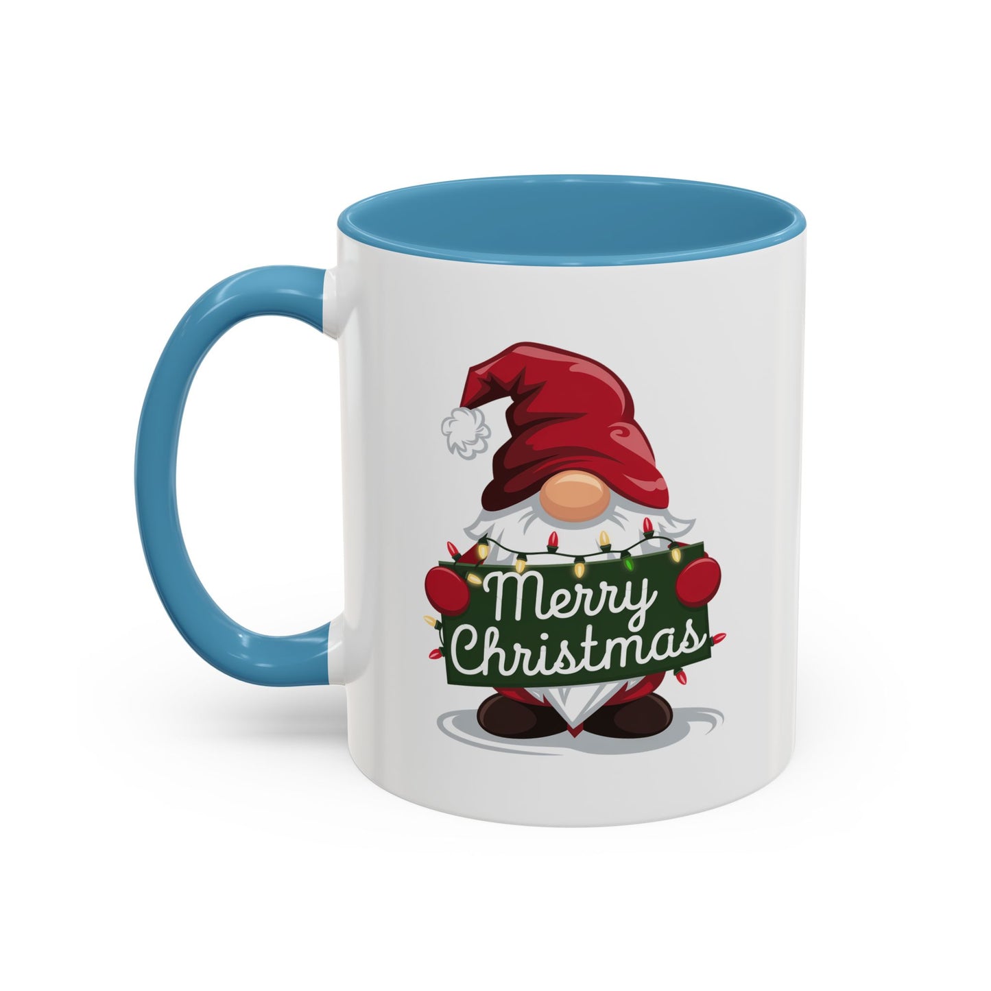 Christmas Mug - Merry Christmas White & Green Text Gnome Lights