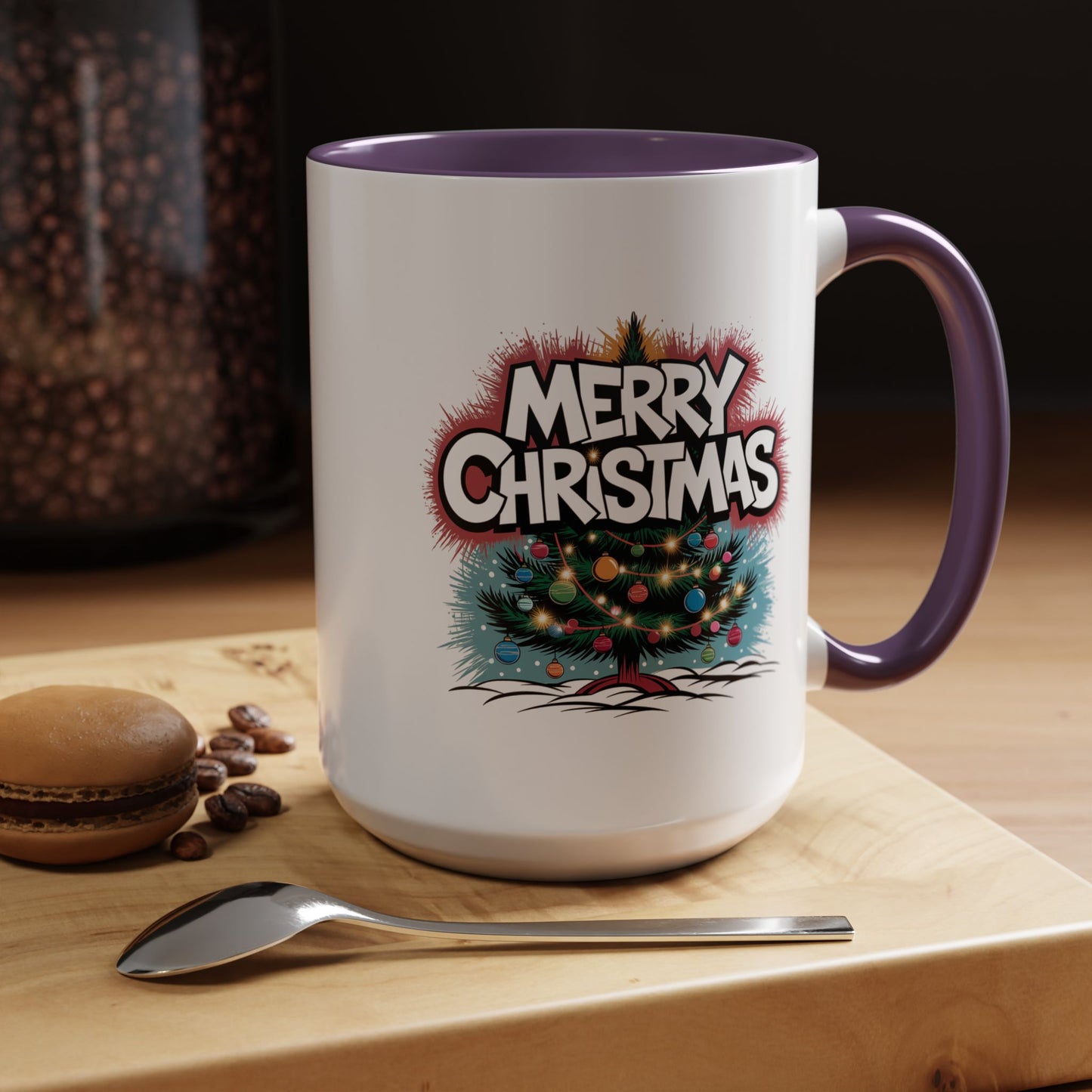 Christmas Mug - Merry Christmas White & Red Text Tree Lights