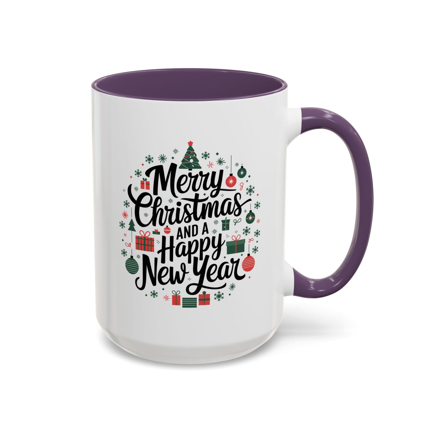 Christmas Mug - Merry Christmas and a Happy New Year Black Text Tree Ornaments Presents