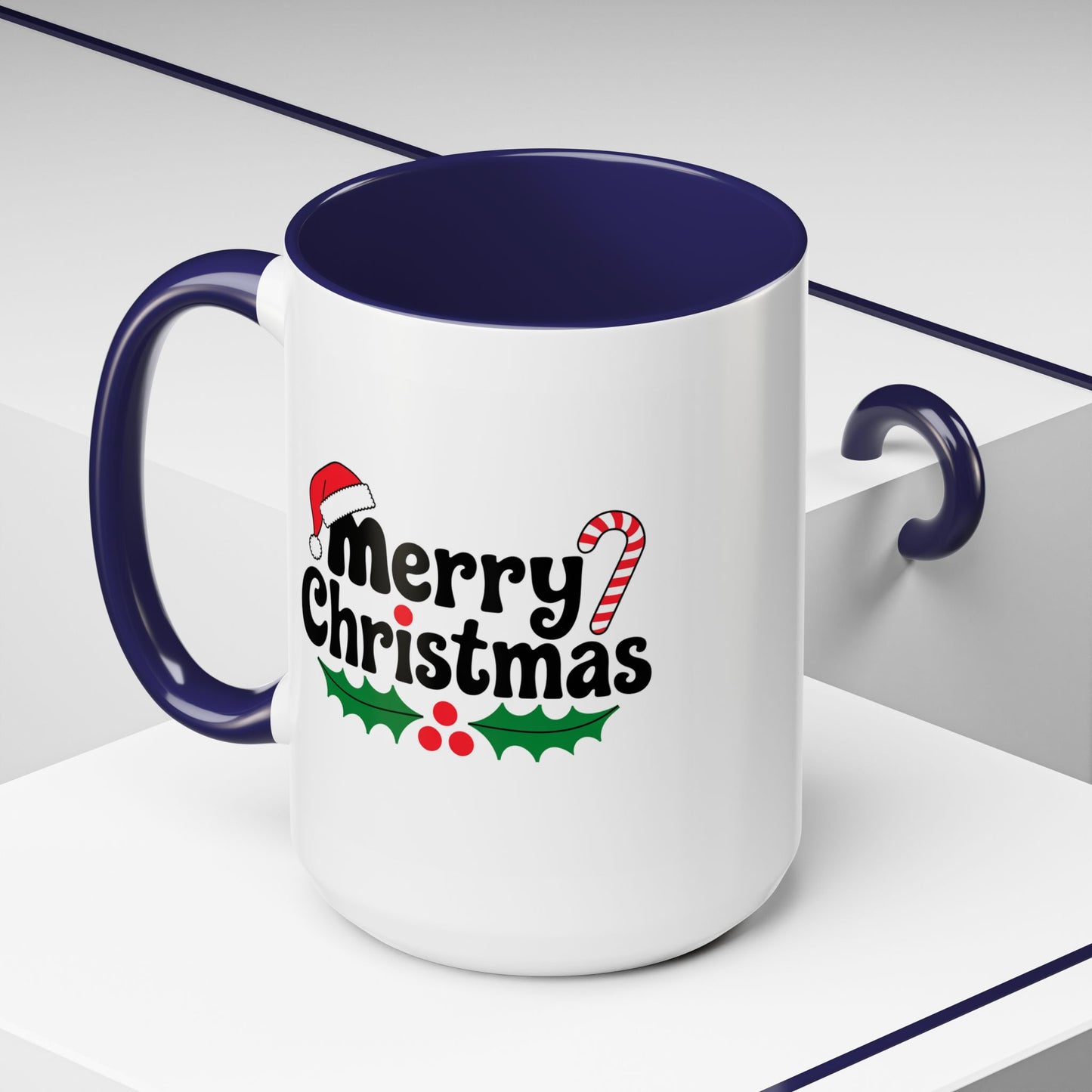 Christmas Mug - Merry Christmas Black Text Hat Candy Cane Mistletoe