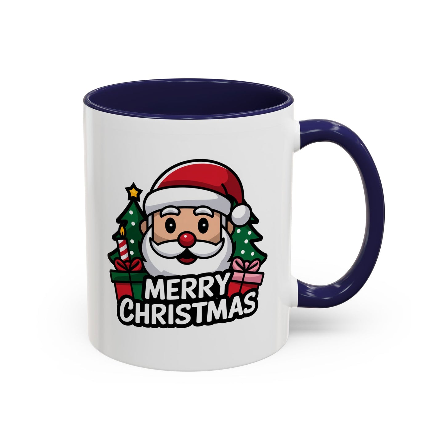 Christmas Mug - Merry Christmas White & Black Text Santa Trees Presents