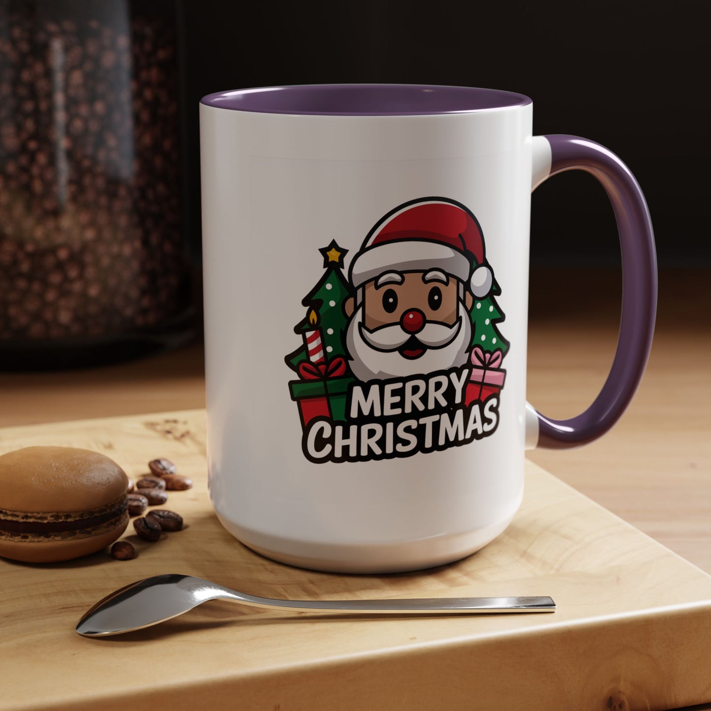 Christmas Mug - Merry Christmas White & Black Text Santa Trees Presents