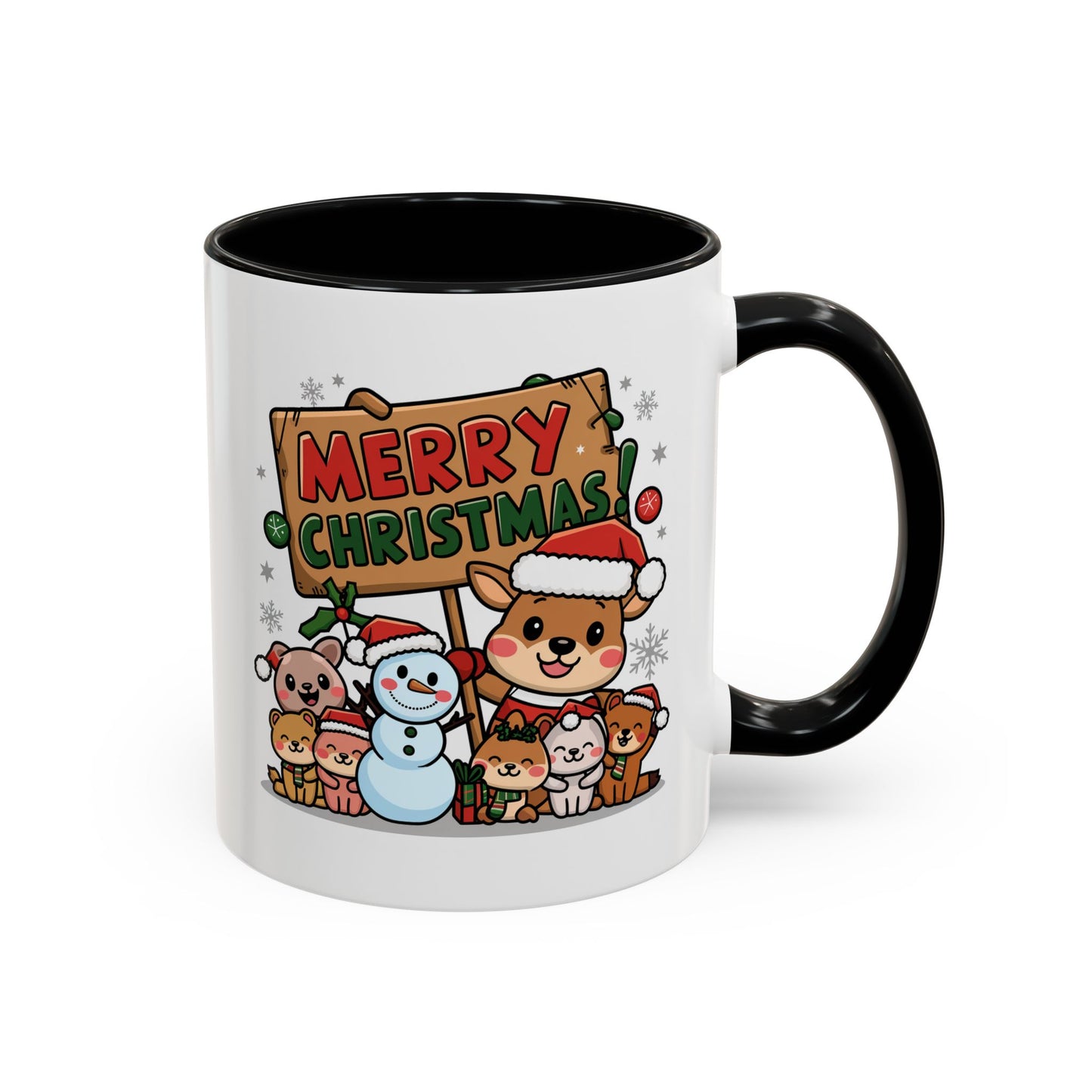 Christmas Mug - Merry Christmas Red & Green Text Reindeer Snowman