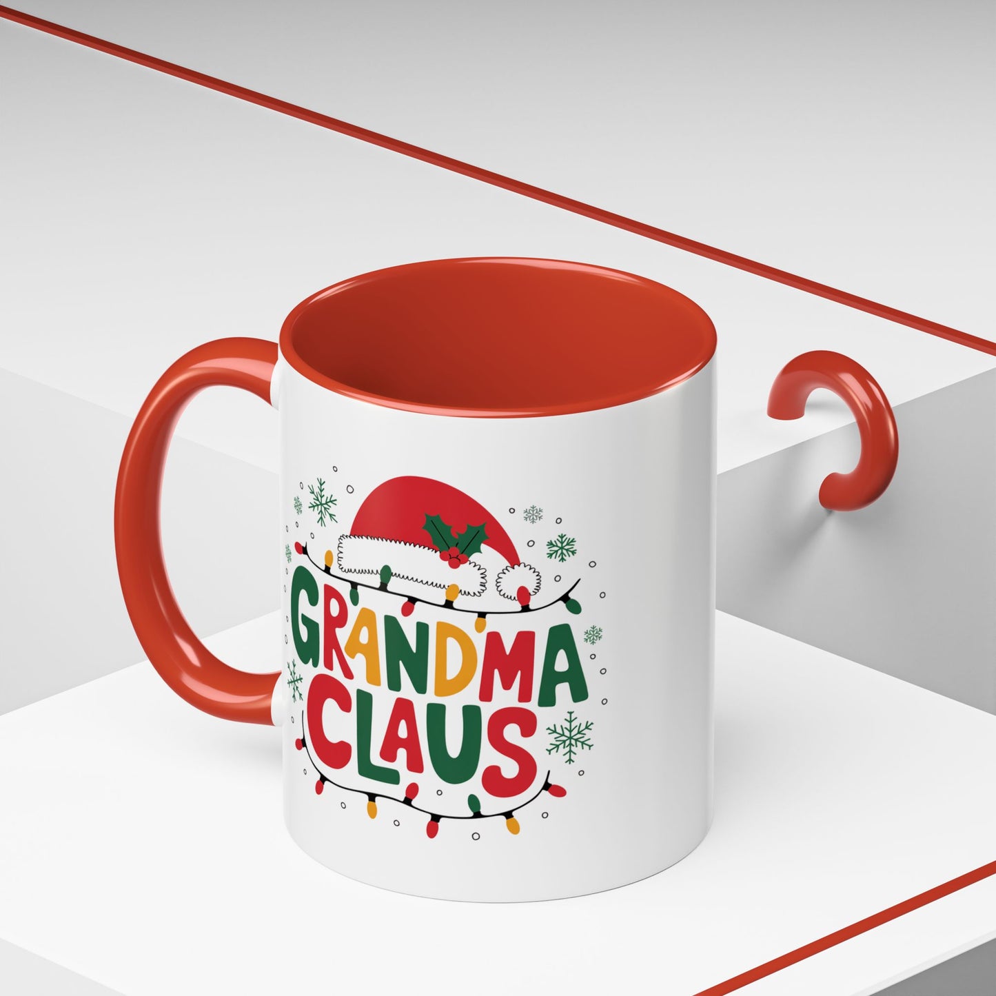 Christmas Mug - Grandma Claus Green Yellow & Red Text Hat Lights Stars