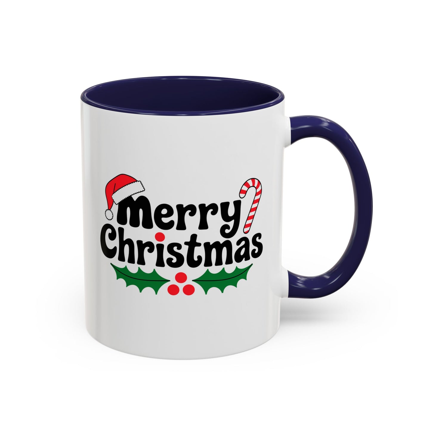 Christmas Mug - Merry Christmas Black Text Hat Cane Misletoe