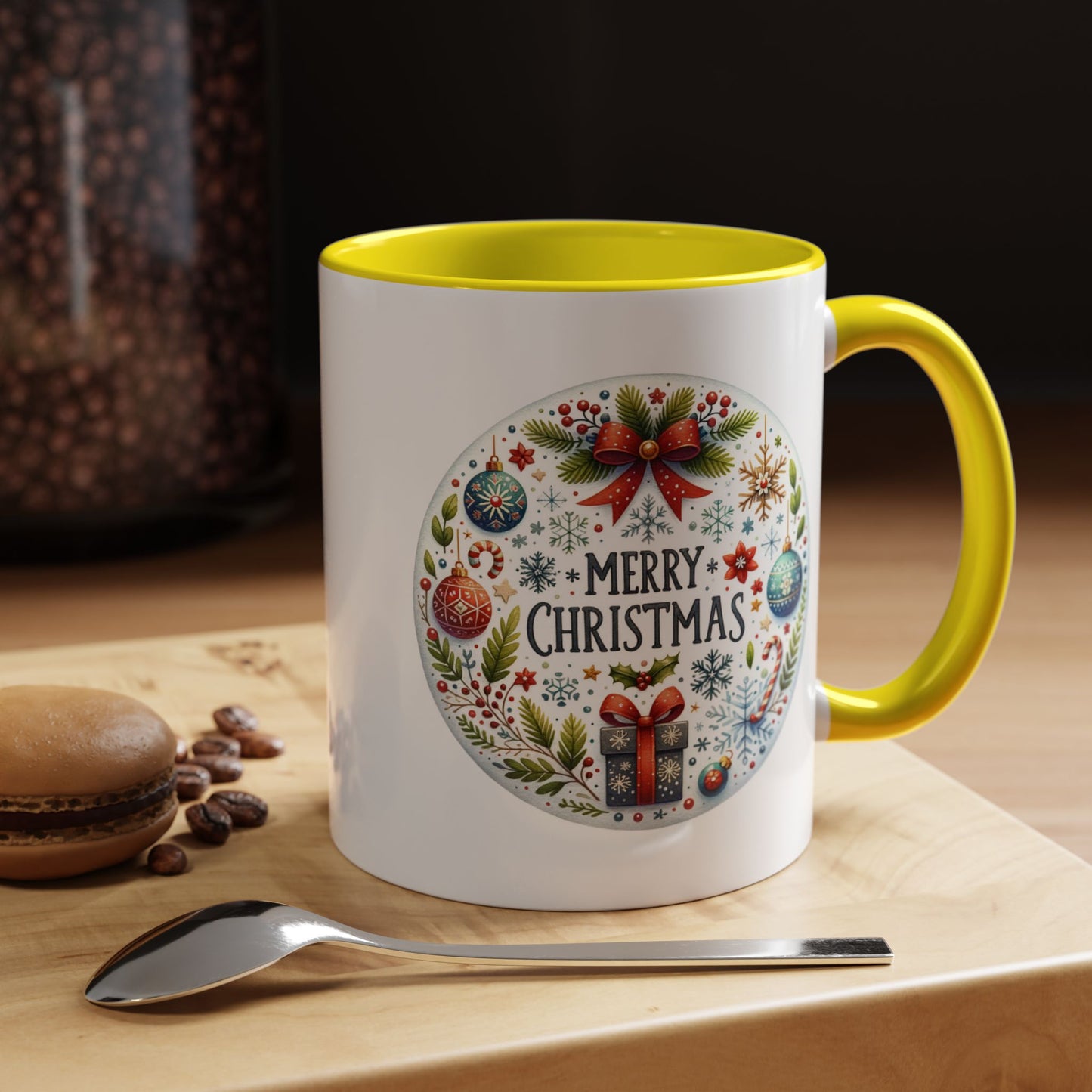 Christmas Mug - Merry Christmas Blue Text Bow Present Ornaments