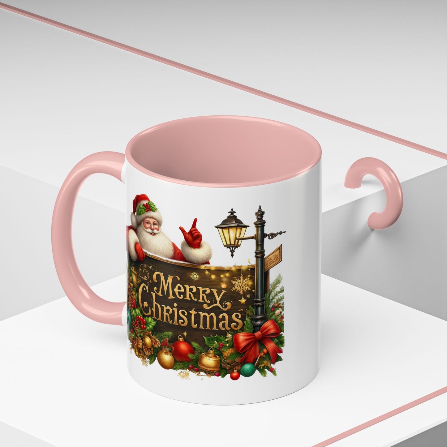 Christmas Mug - Merry Christmas Gold Text Santa Point Ornaments