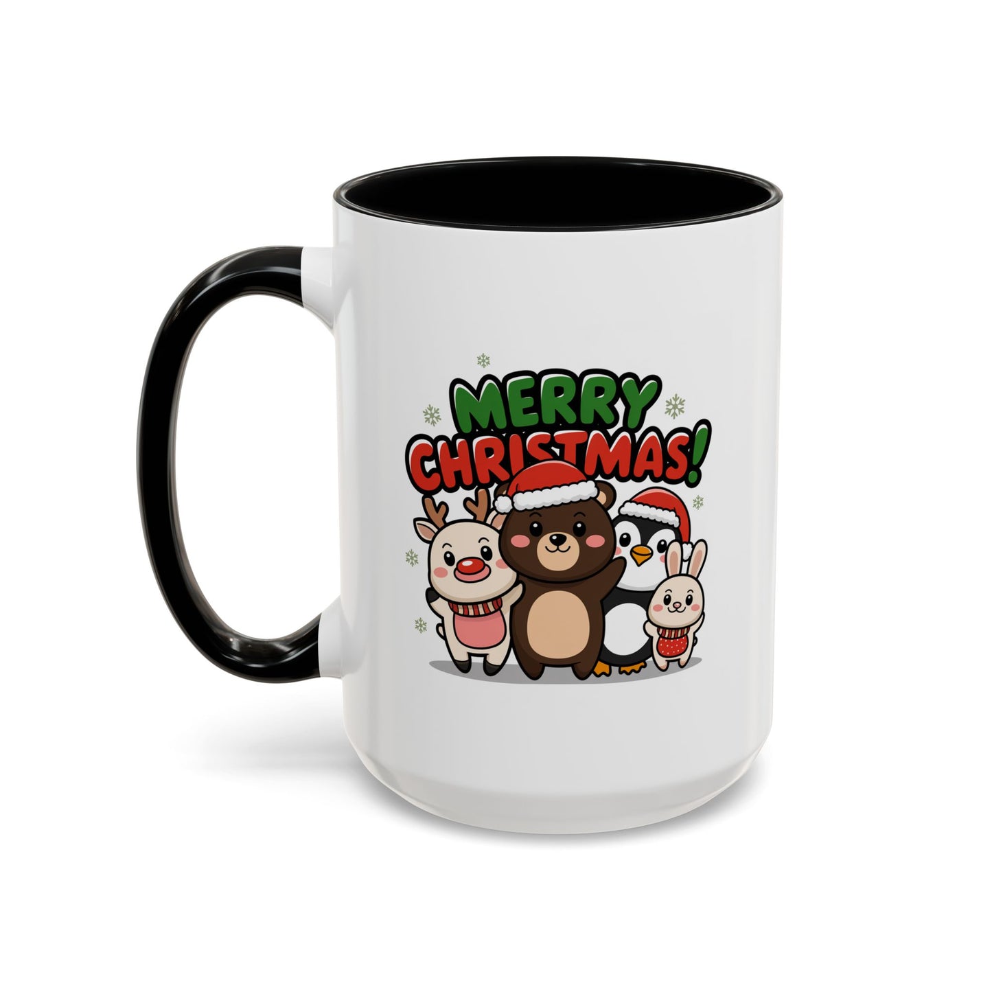 Christmas Mug - Merry Christmas Green & Red Text Cute Animals