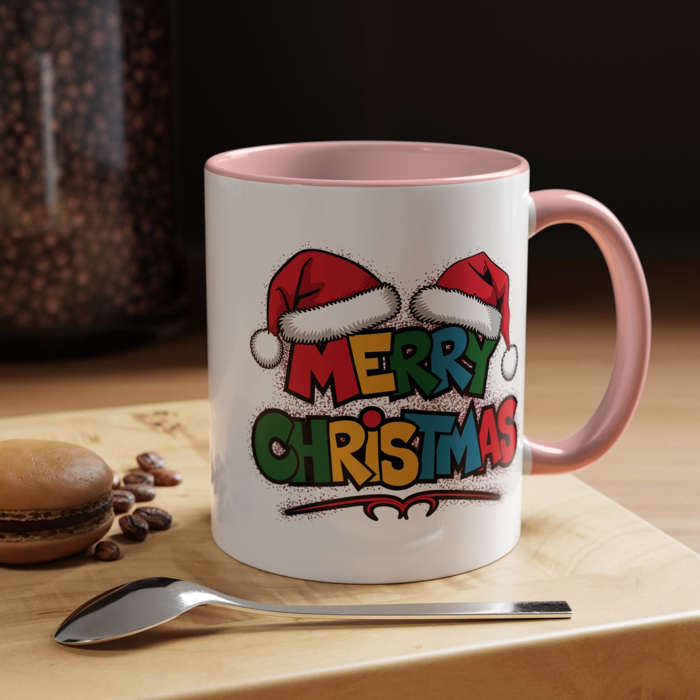 Christmas Mug - Merry Christmas Red Yellow & Blue Text Red Hats
