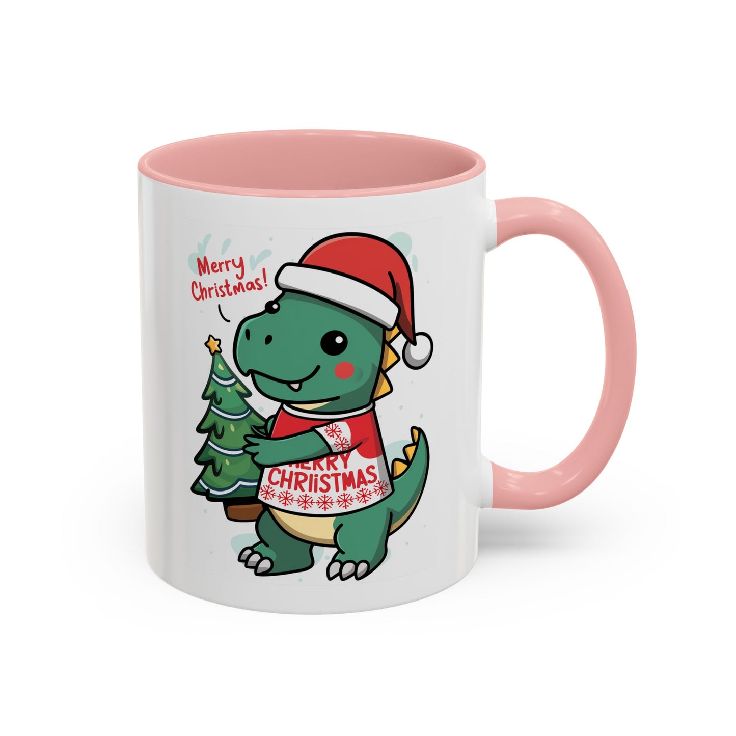 Christmas Mug - Merry Christmas Red Text Dinosaur Tree