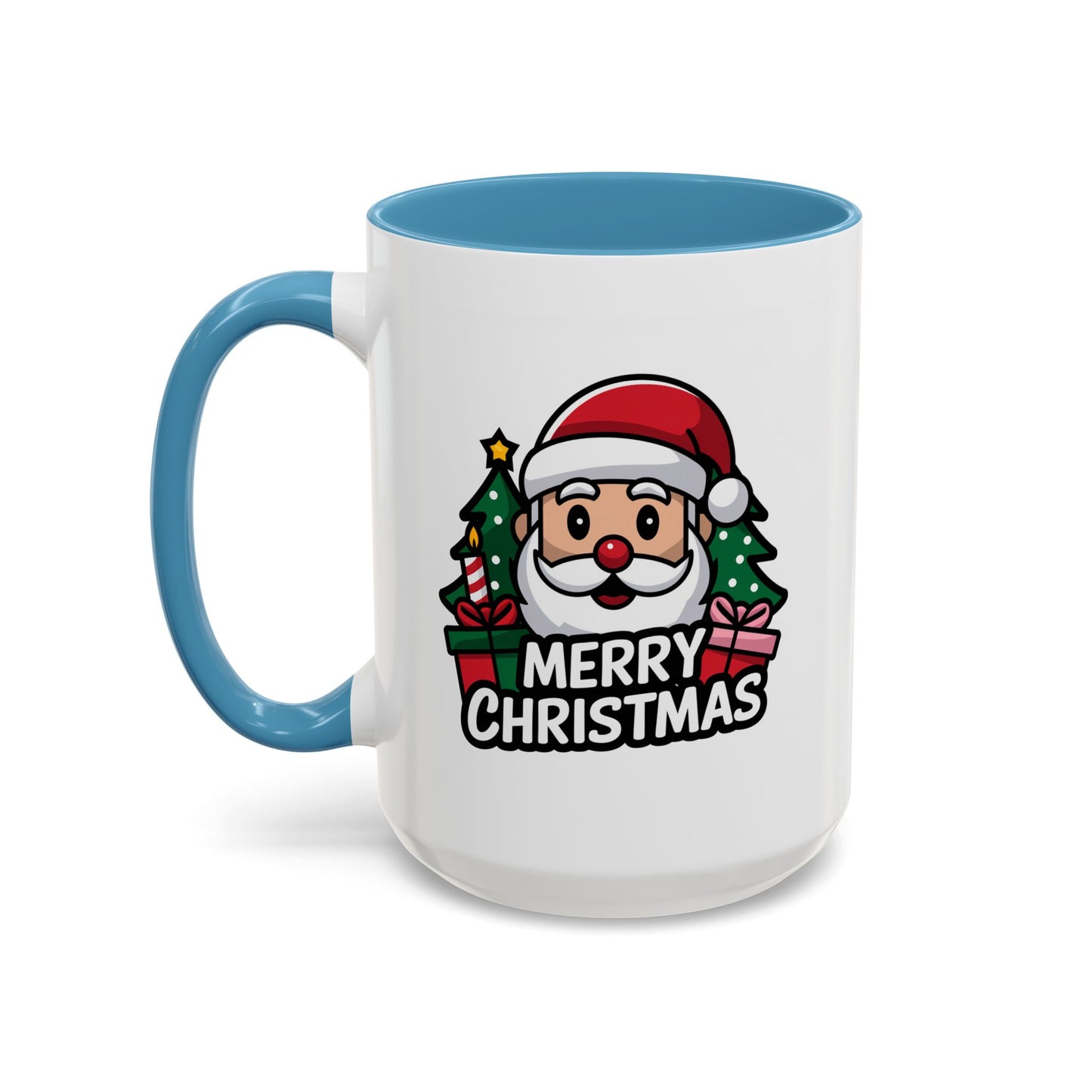 Christmas Mug - Merry Christmas White & Black Text Santa Trees Presents