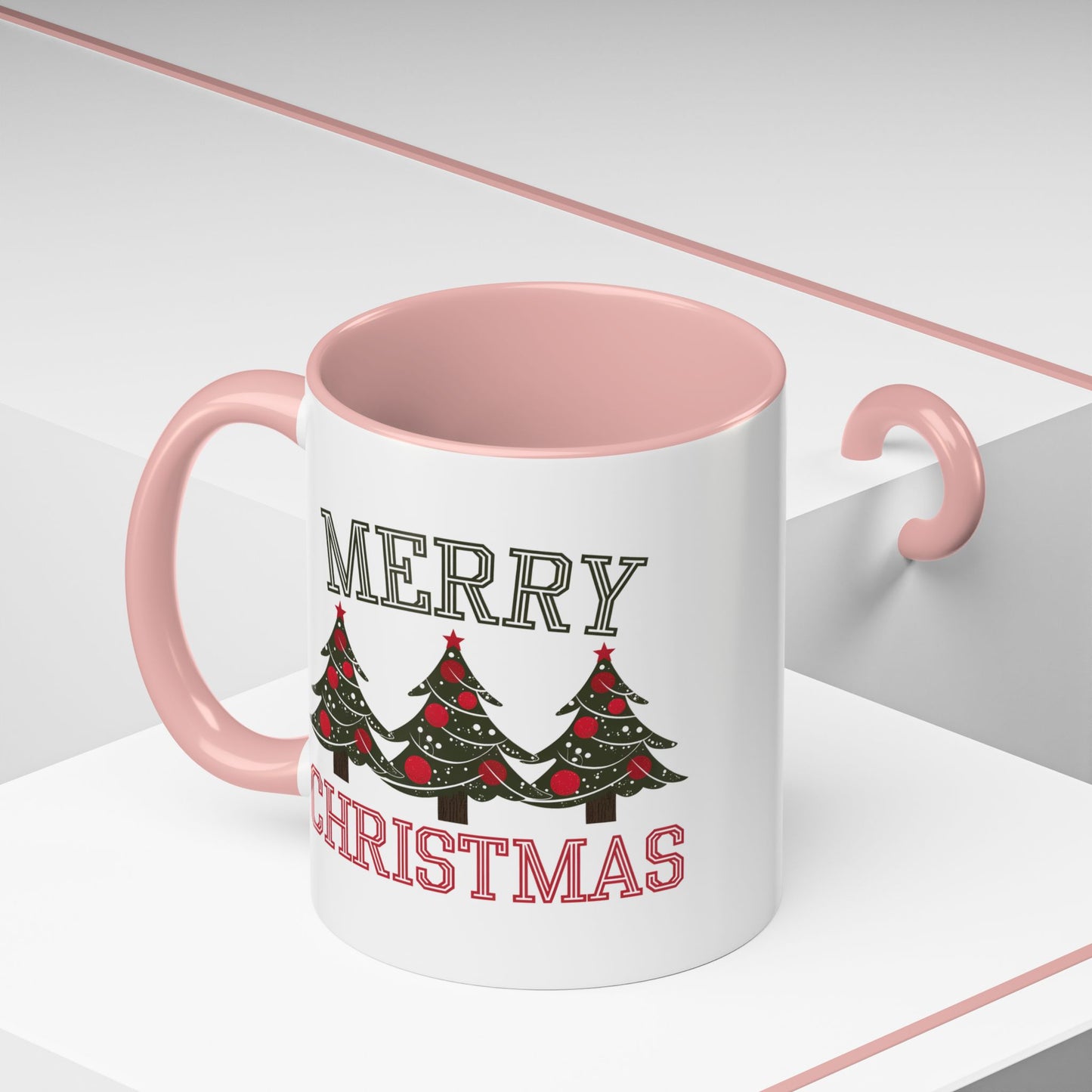 Christmas Mug - Merry Christmas Green & Red Text Decorative Trees