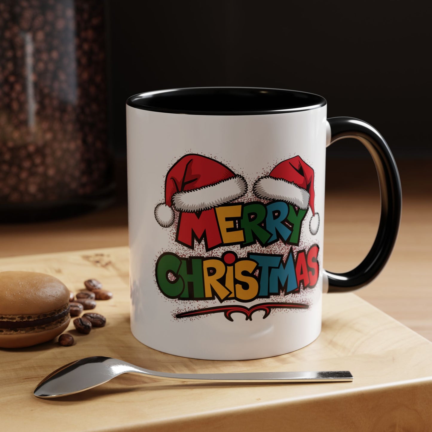 Christmas Mug - Merry Christmas Red Yellow & Blue Text Red Hats