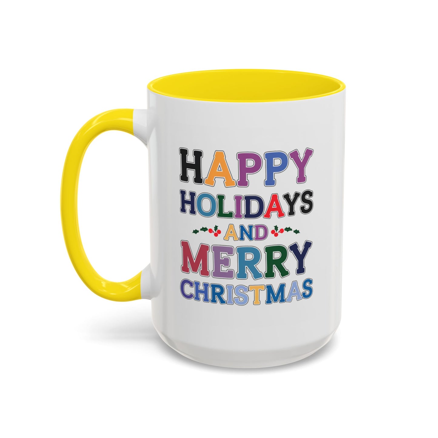 Christmas Mug - Happy Holidays and Merry Christmas Blue Yellow Purple Orange Red Text