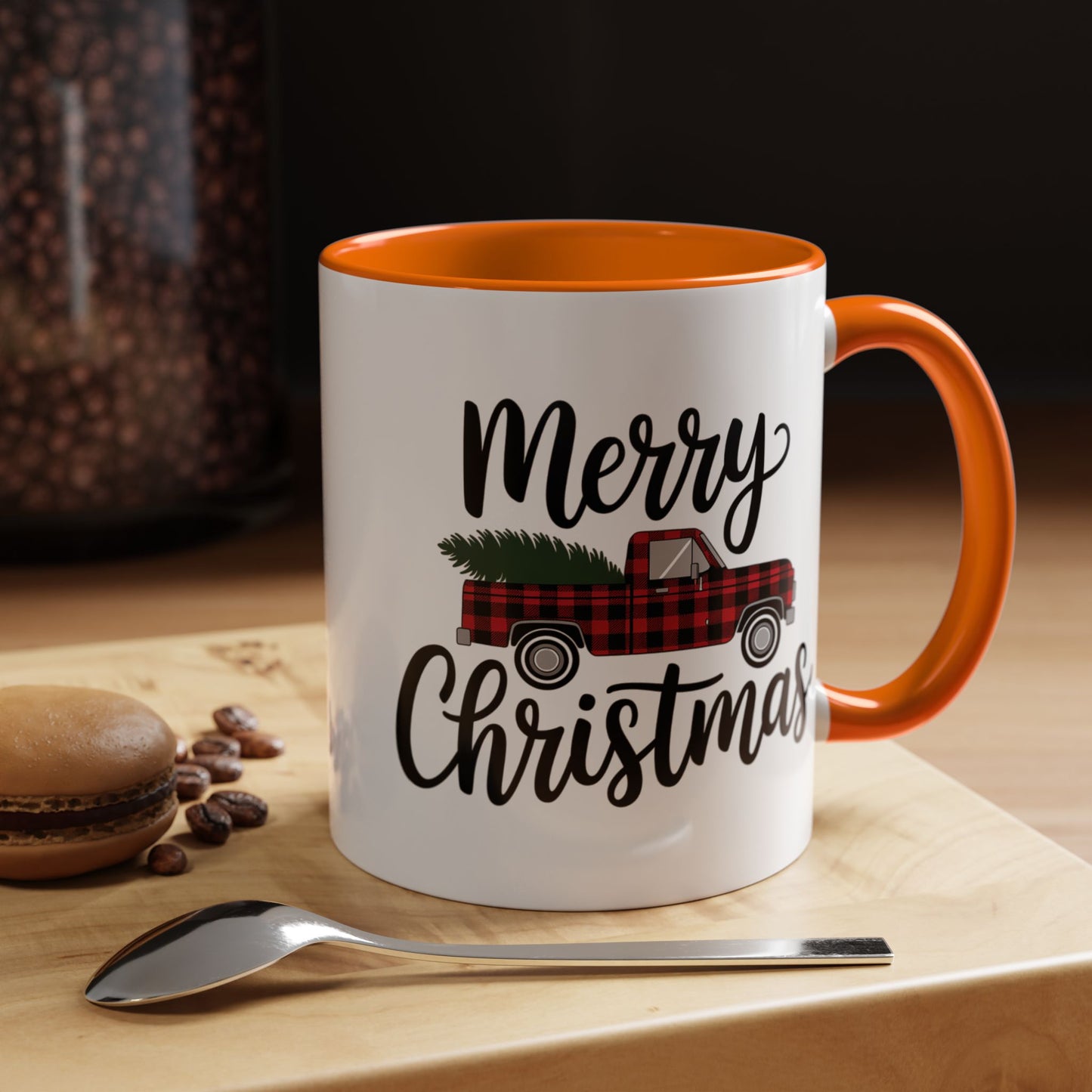 Christmas Mug - Merry Christmas Black Text Tartan Truck