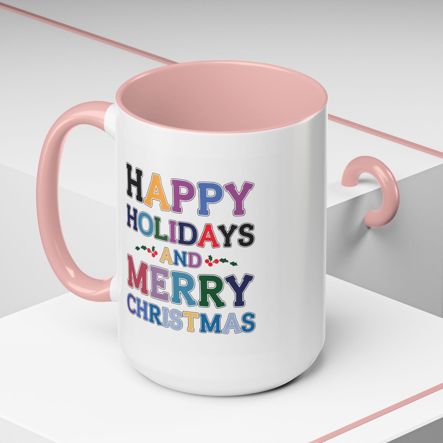 Christmas Mug - Happy Holidays and Merry Christmas Blue Yellow Purple Orange Red Text