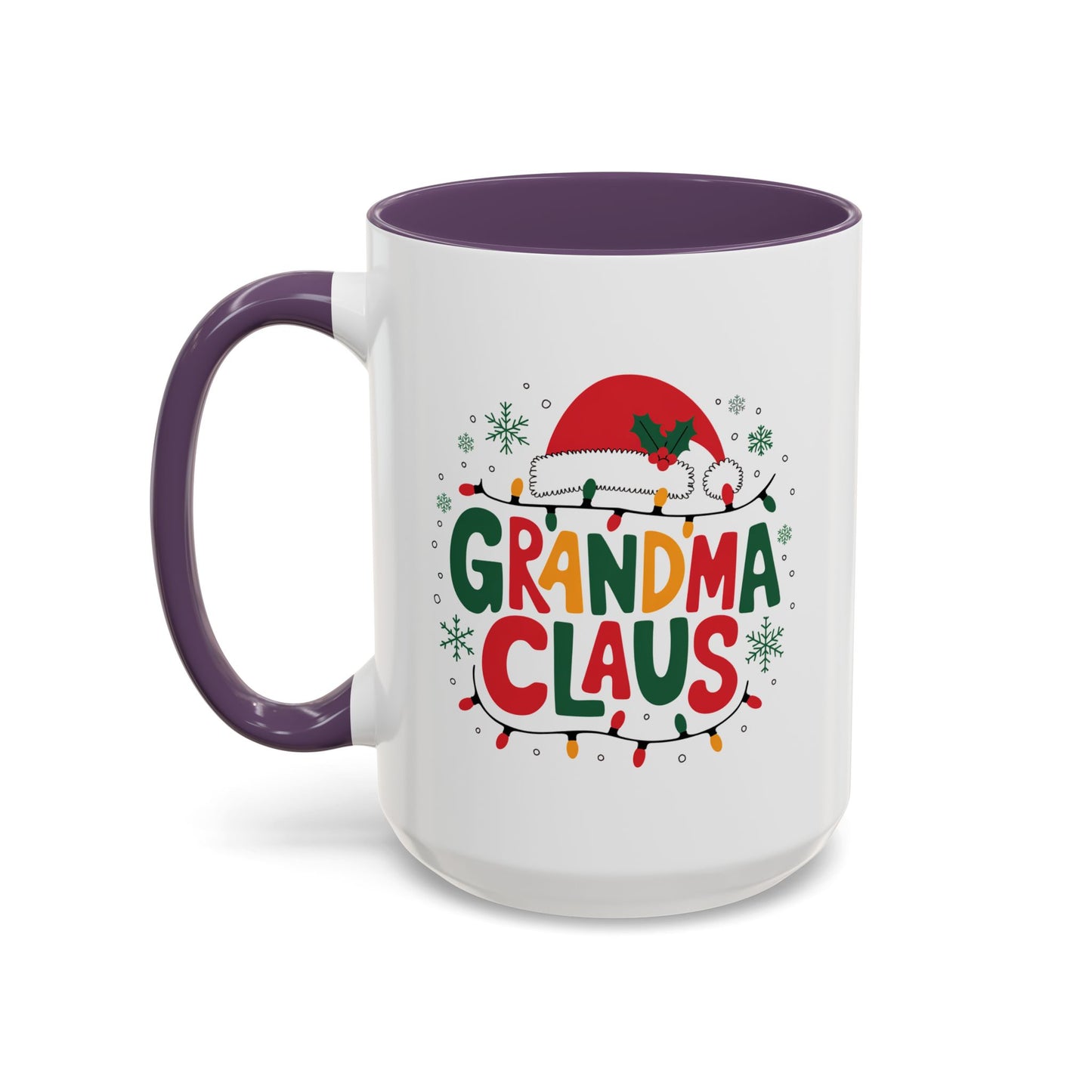 Christmas Mug - Grandma Claus Green Yellow & Red Text Hat Lights Stars