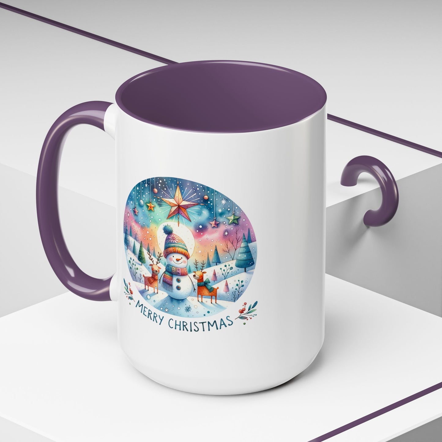 Christmas Mug - Merry Christmas Blue Text Snowman Star Reindeer