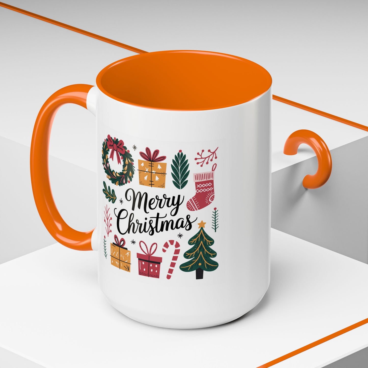 Christmas Mug - Merry Christmas Green Text Presents Tree Candy Cane