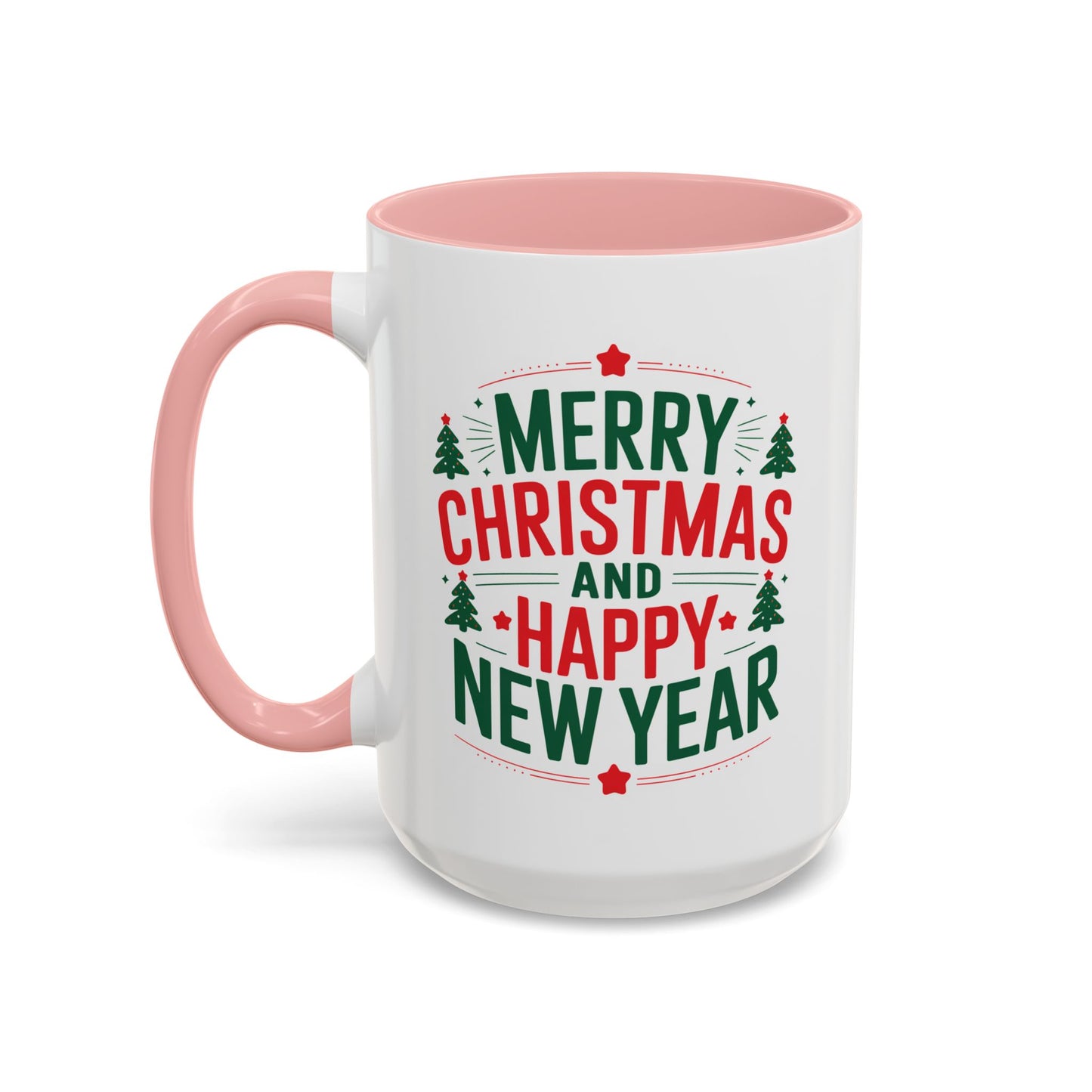 Christmas Mug - Merry Christmas and a Happy New Year Green & Red Text Trees Stars
