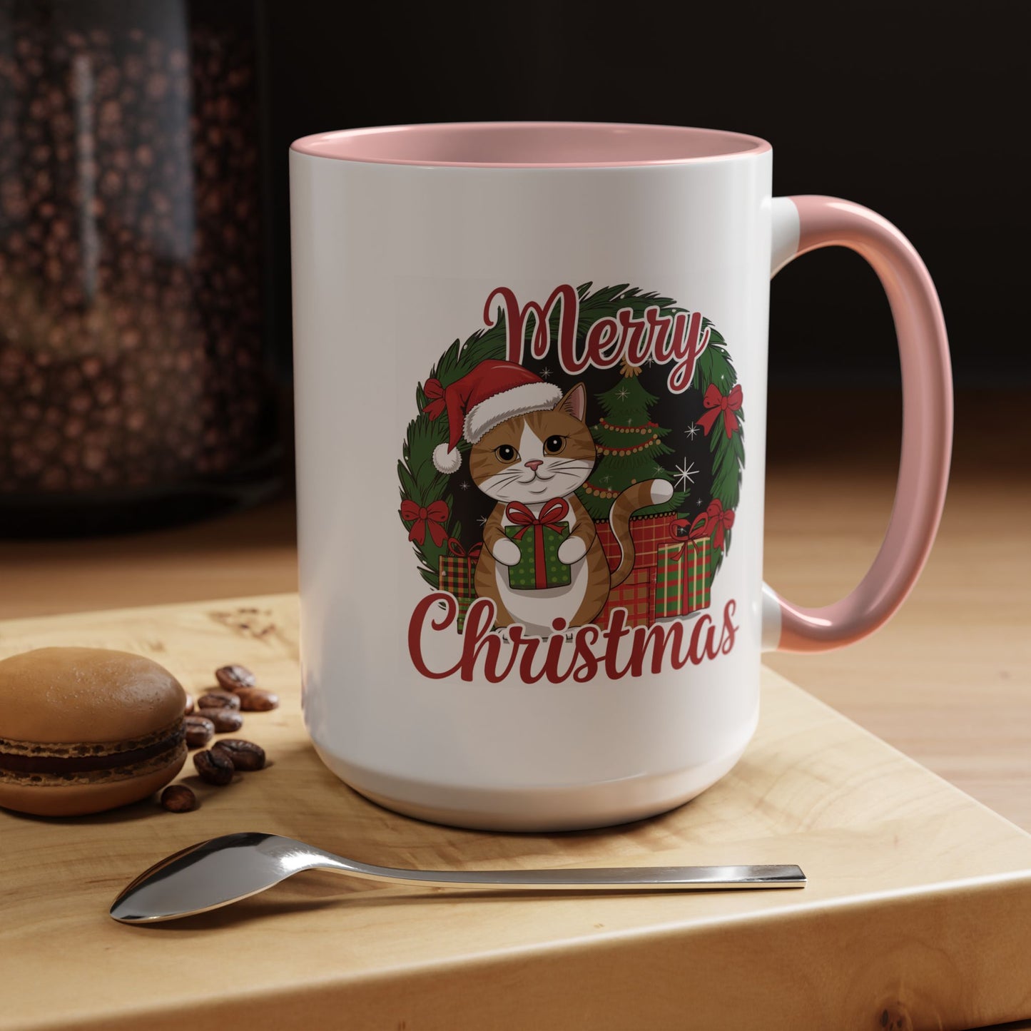 Christmas Mug - Merry Christmas Red Text Cat Presents Wreath