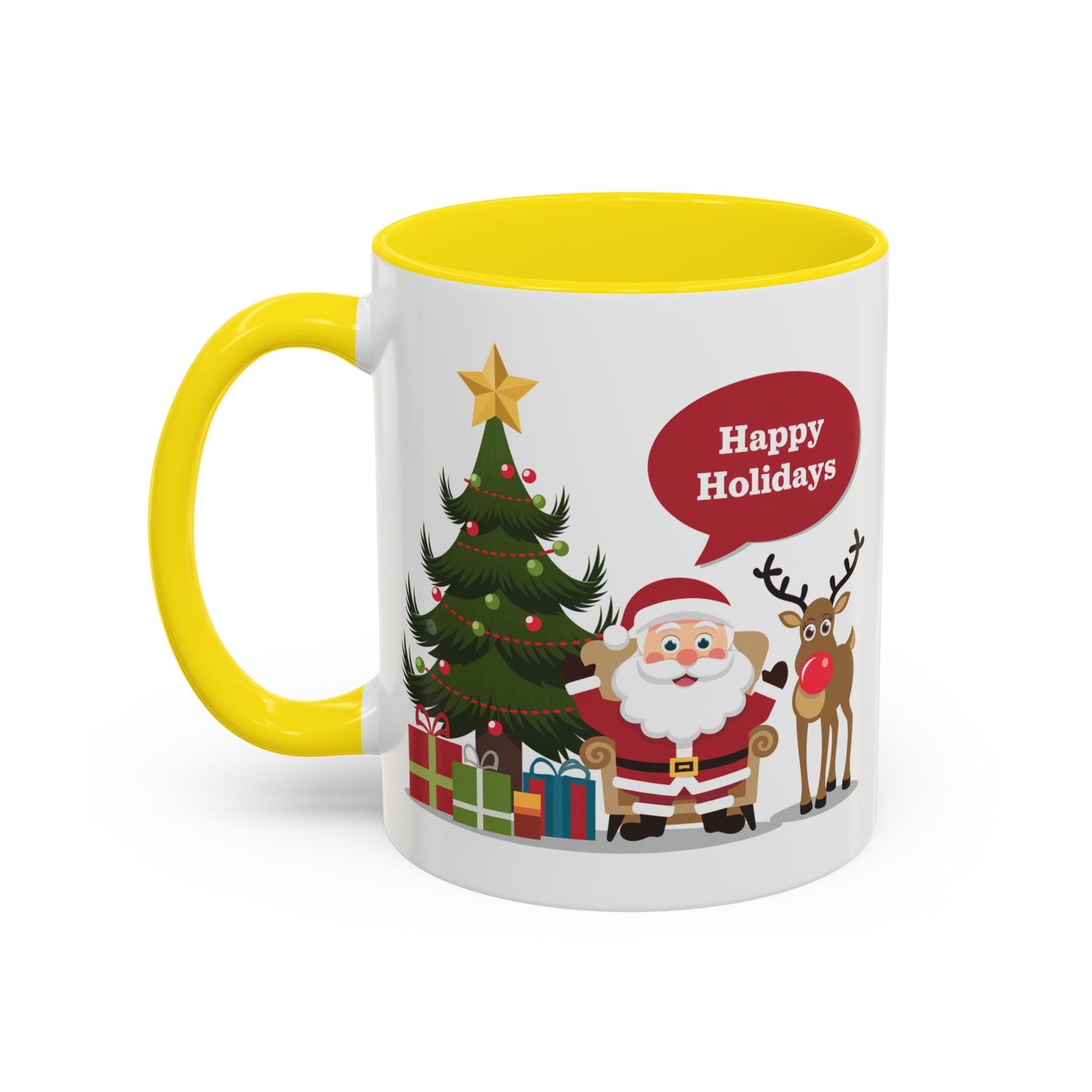 Christmas Mug - Happy Holidays Callout Santa Tree Presents Reindeer