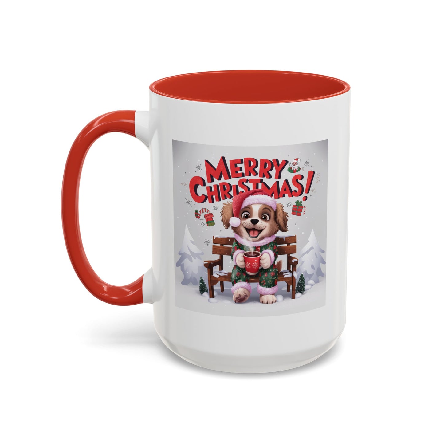 Christmas Mug - Merry Christmas Red Text Puppy Green & Red Top