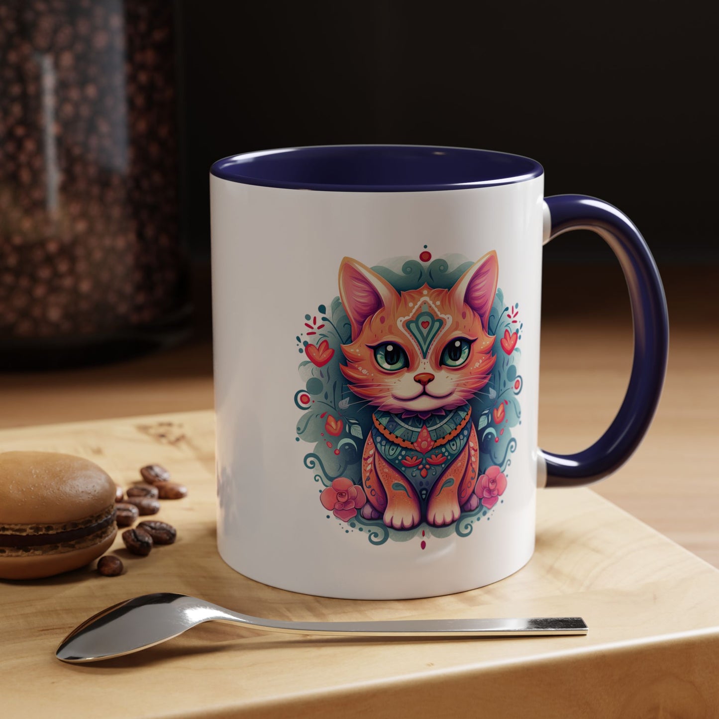 Animal  - Mystic Cat Turquoise & Coral Flowers