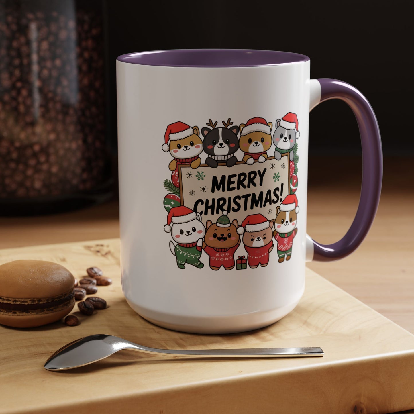 Christmas Mug - Merry Christmas Black Text Cute Animals