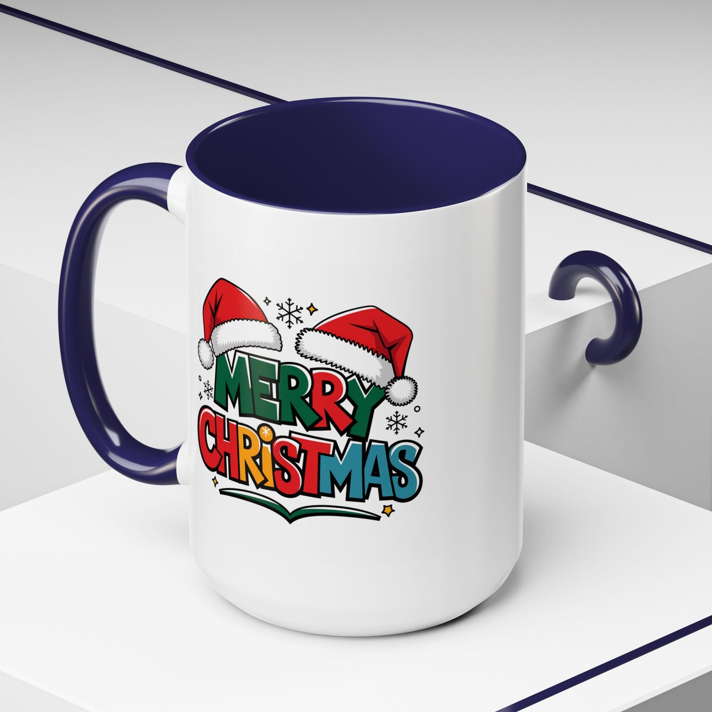 Christmas Mug - Merry Christmas Green Red Yellow and Blue Text Red Hats