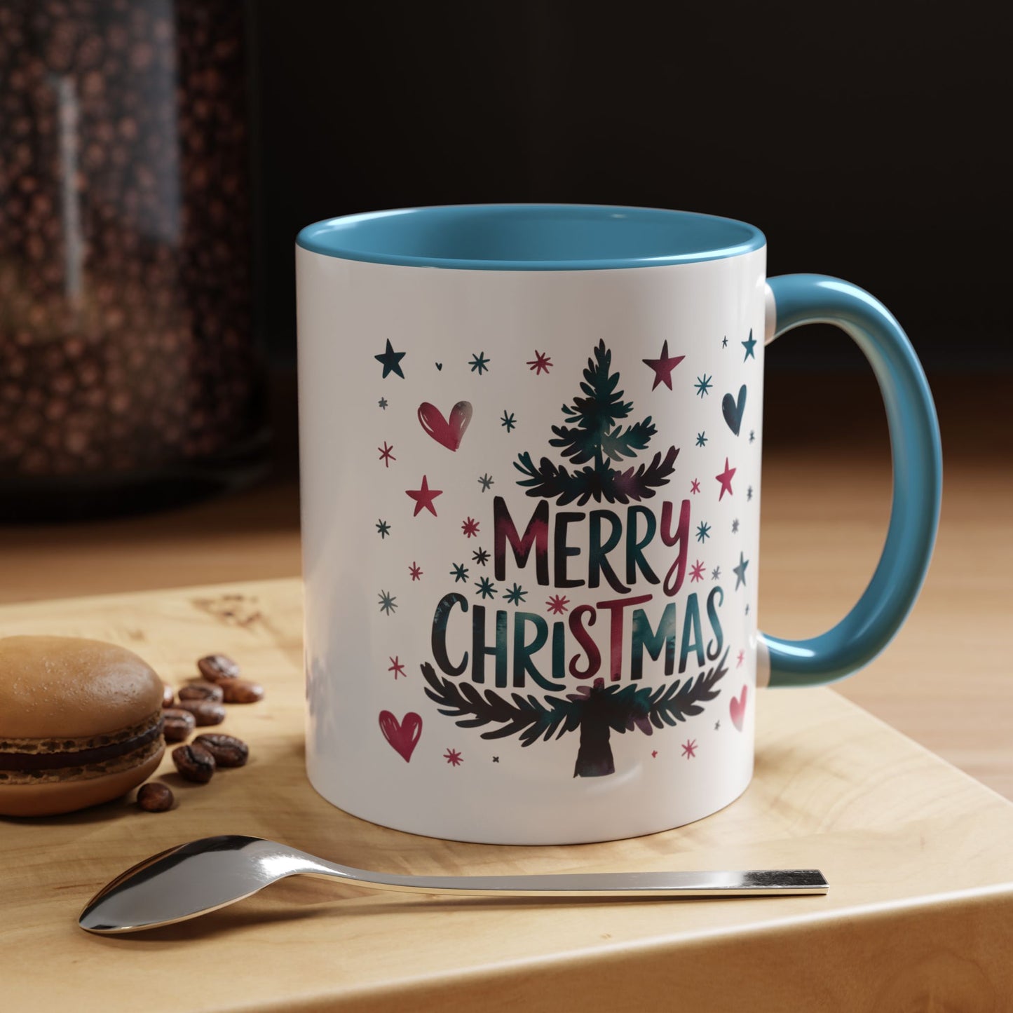 Christmas Mug - Merry Christmas Maroon & Blue Text Tree Hearts Stars
